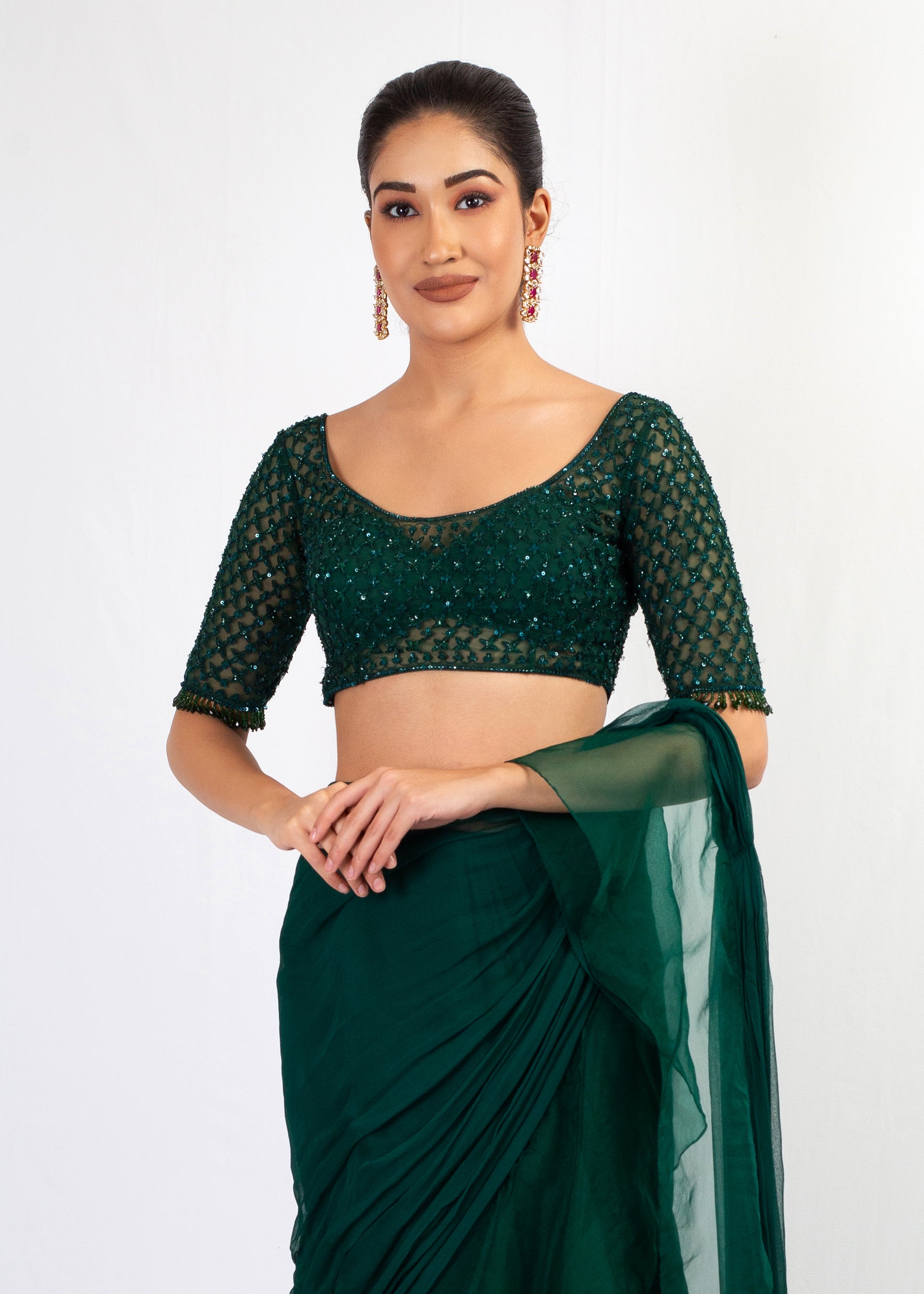 STYLISH GREEN PLAIN SAREE WITH EMBROIDERY TOP