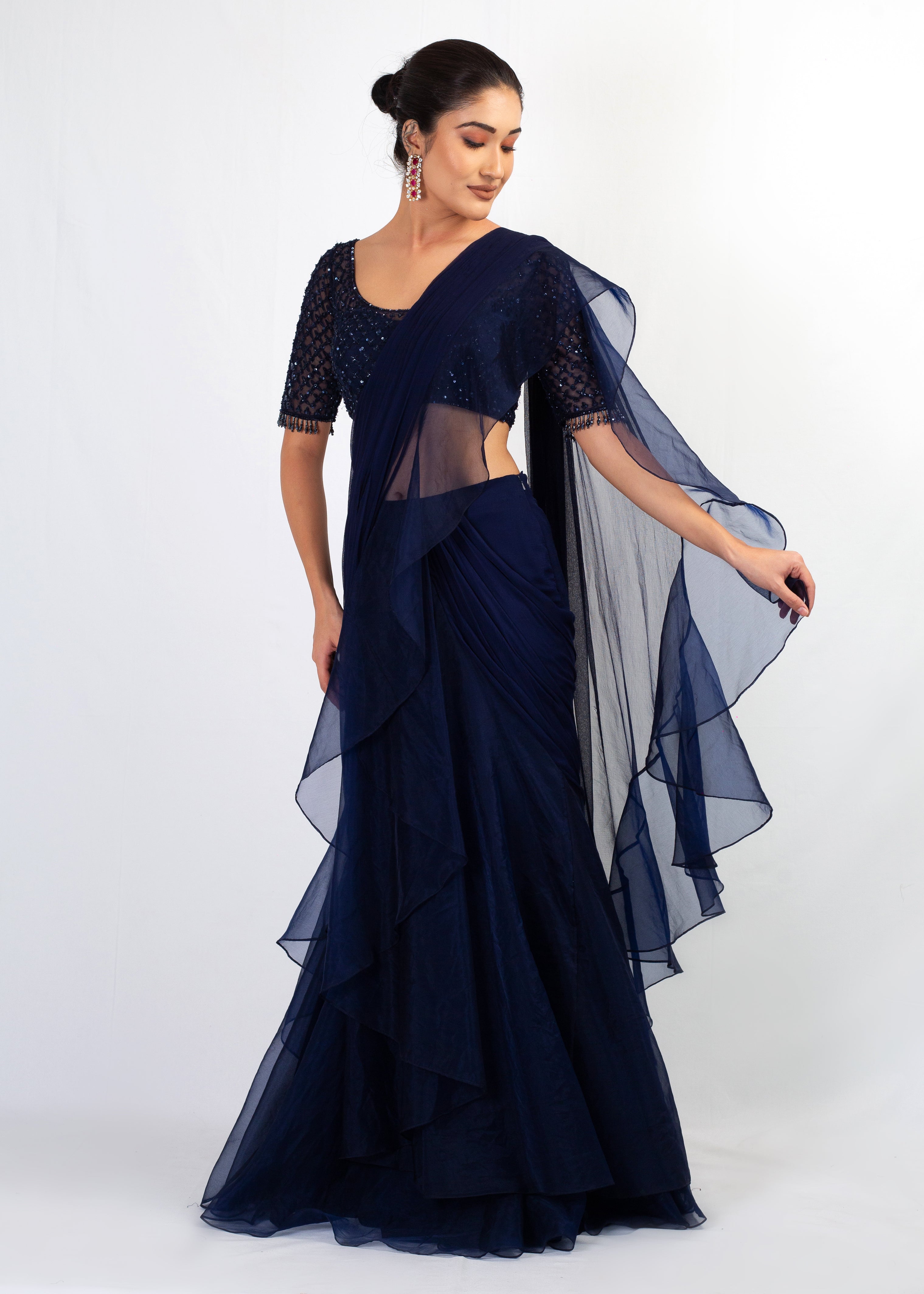 STYLISH NAVY BLUE PLAIN SAREE WITH EMBROIDERY TOP