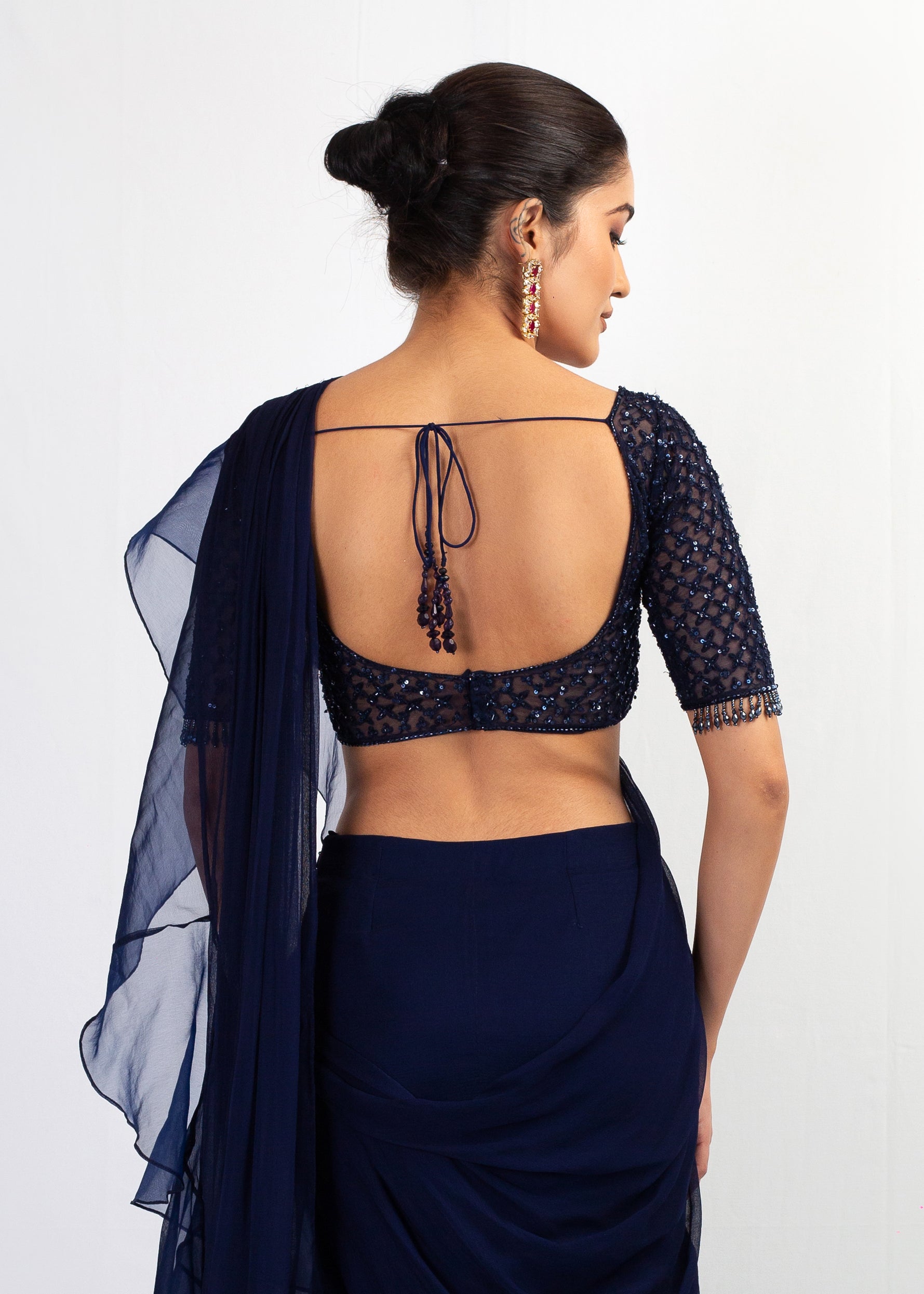 STYLISH NAVY BLUE PLAIN SAREE WITH EMBROIDERY TOP