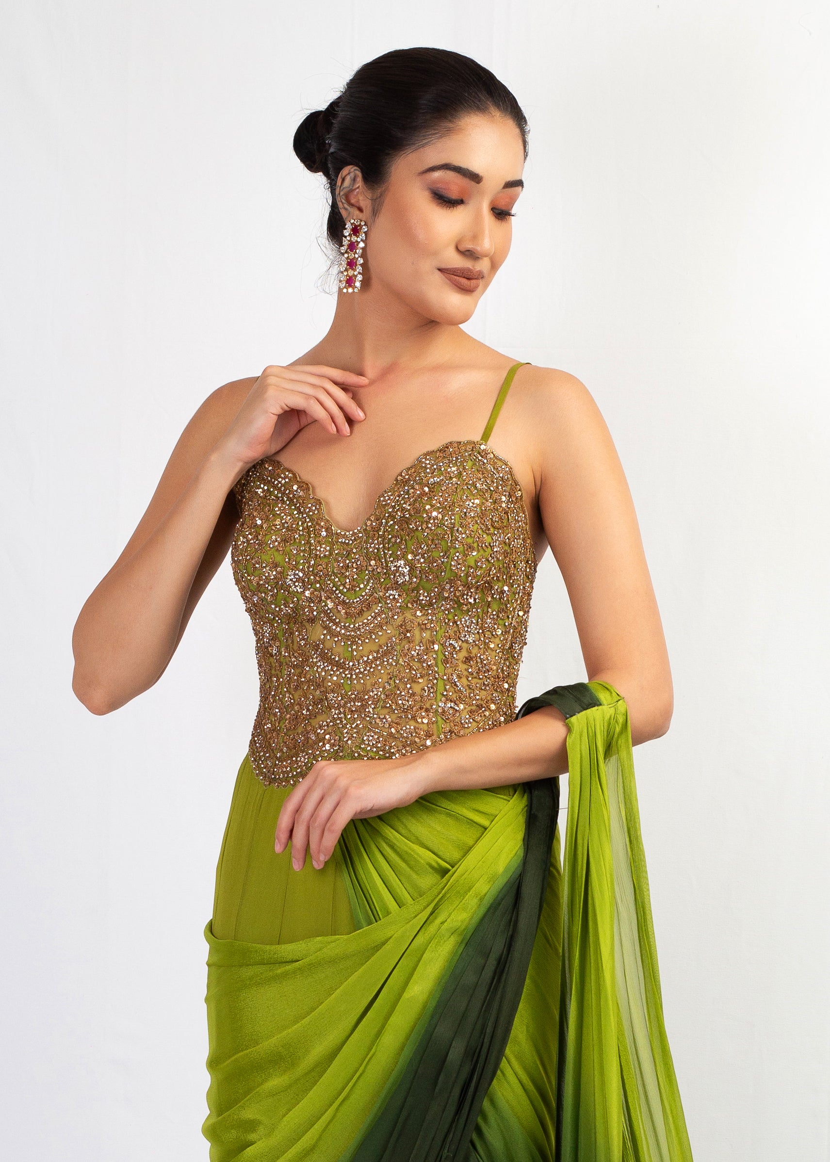 ELEGANT GREEN OMBRE DRAPE SAREE WITH ATTACHED TOP
