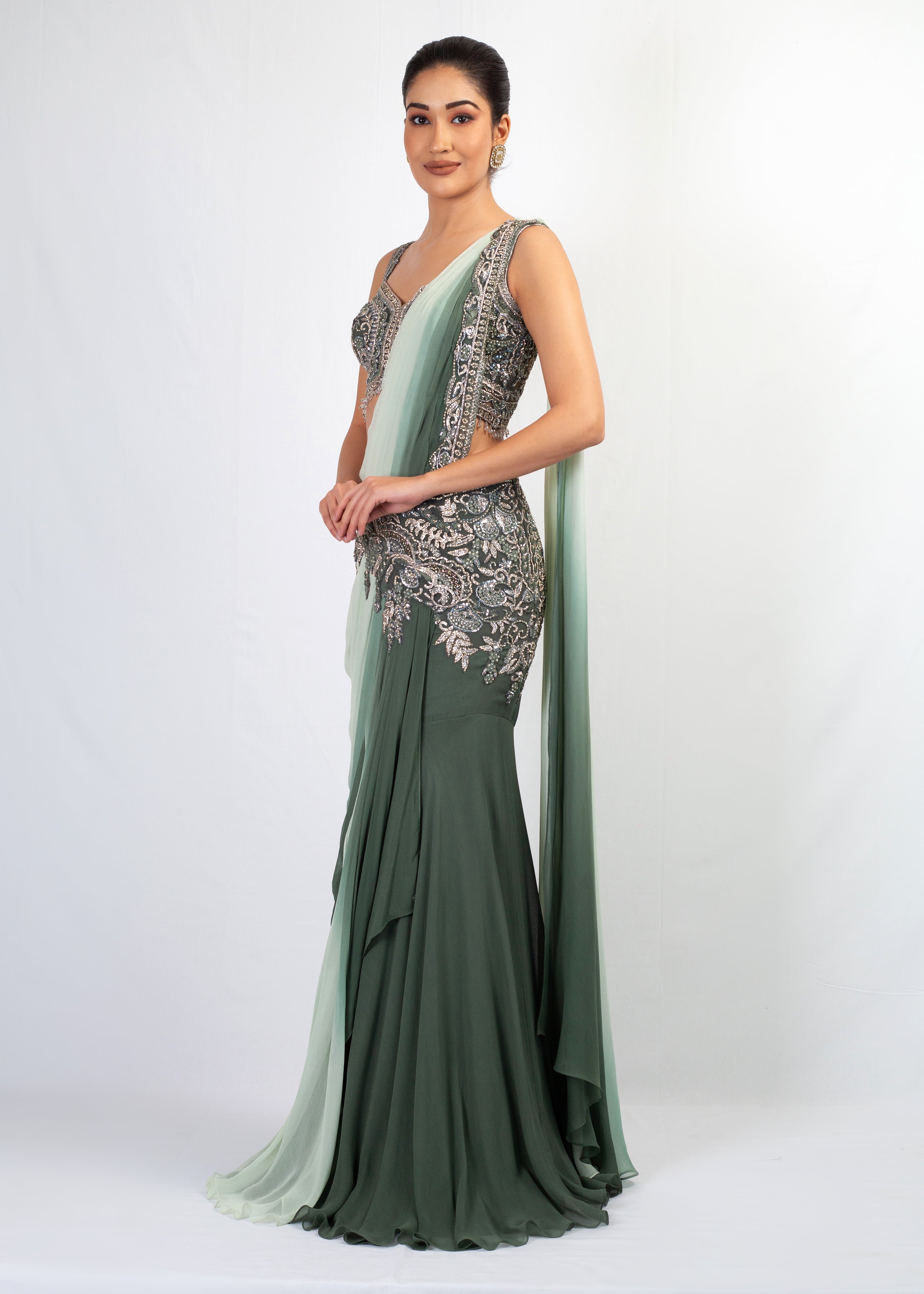 BOTTLE GREEN EMBROIDERED STITCHED SAREE WITH TOP