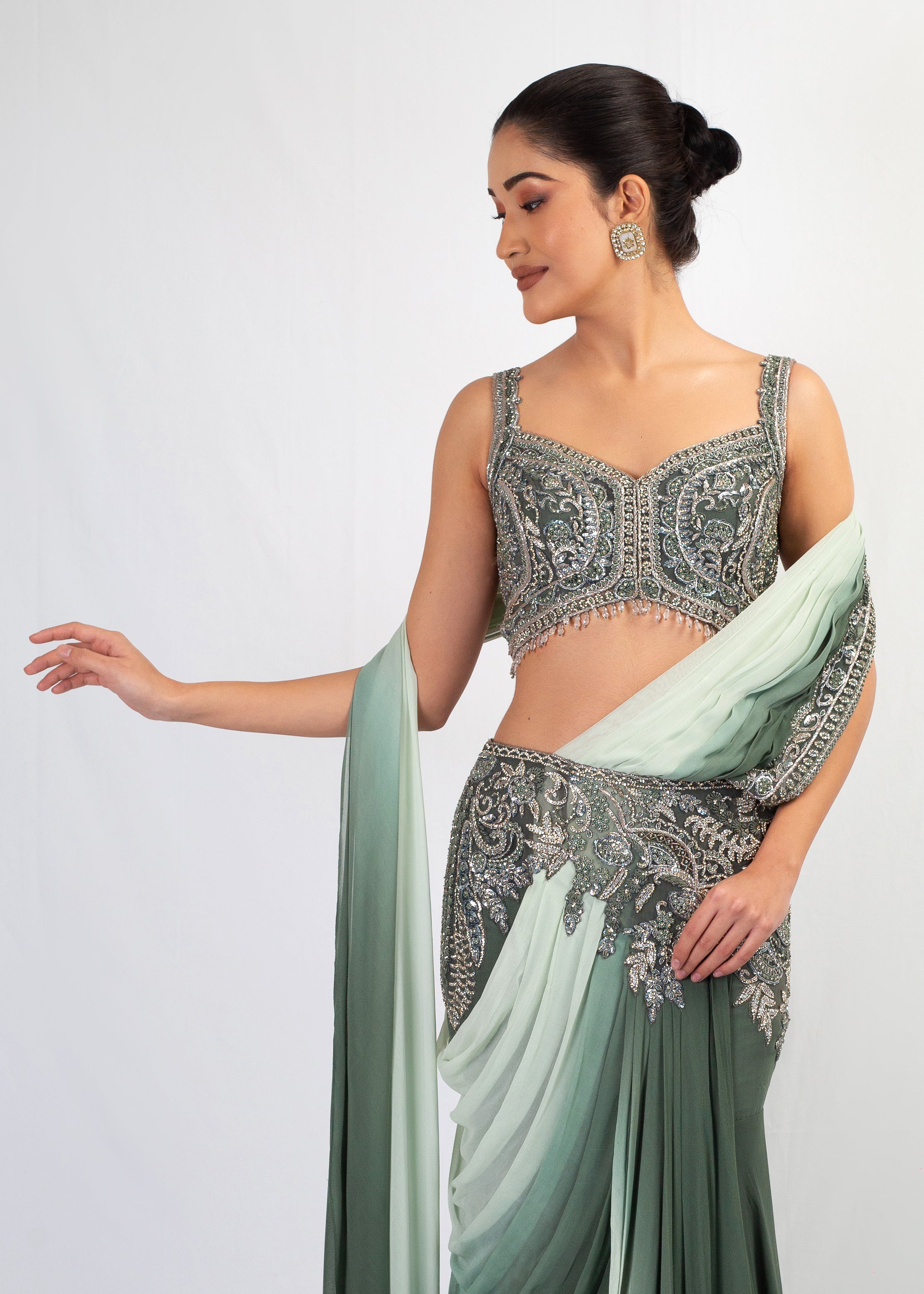 BOTTLE GREEN EMBROIDERED STITCHED SAREE WITH TOP