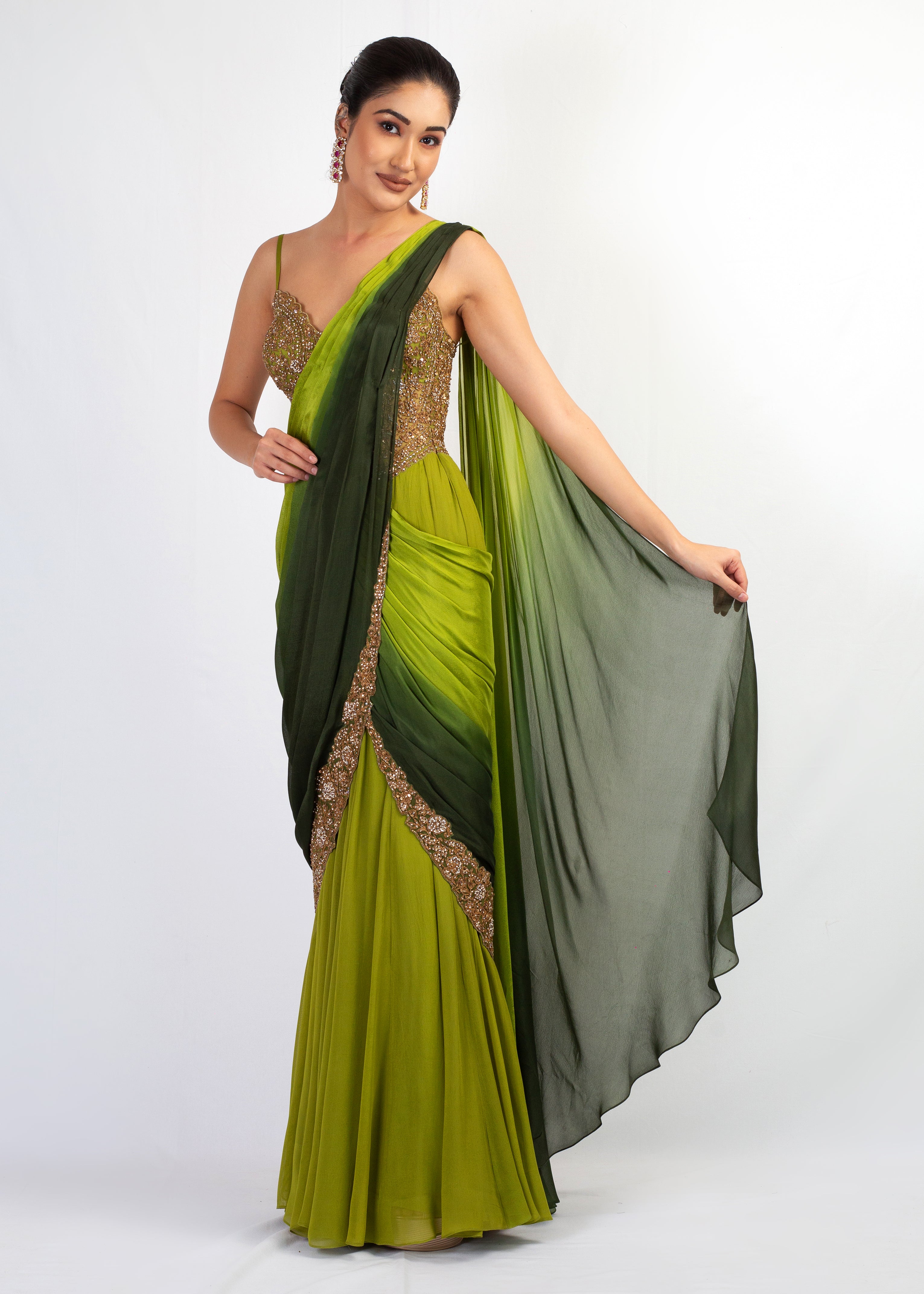 ELEGANT GREEN OMBRE DRAPE SAREE WITH ATTACHED TOP