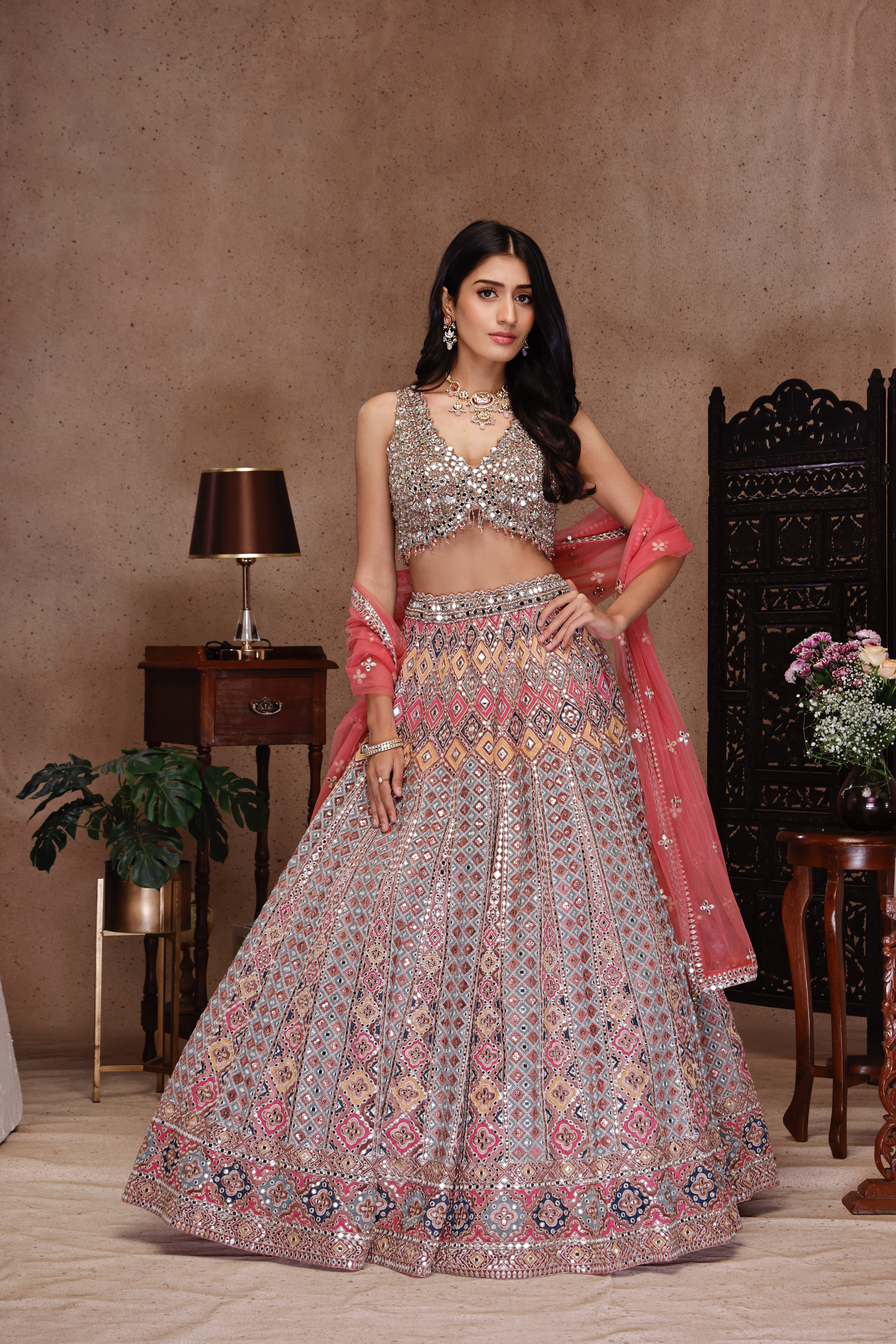 MULTI COLOUR EMBROIDERY TOP AND SKIRT WITH PINK DUPATTA