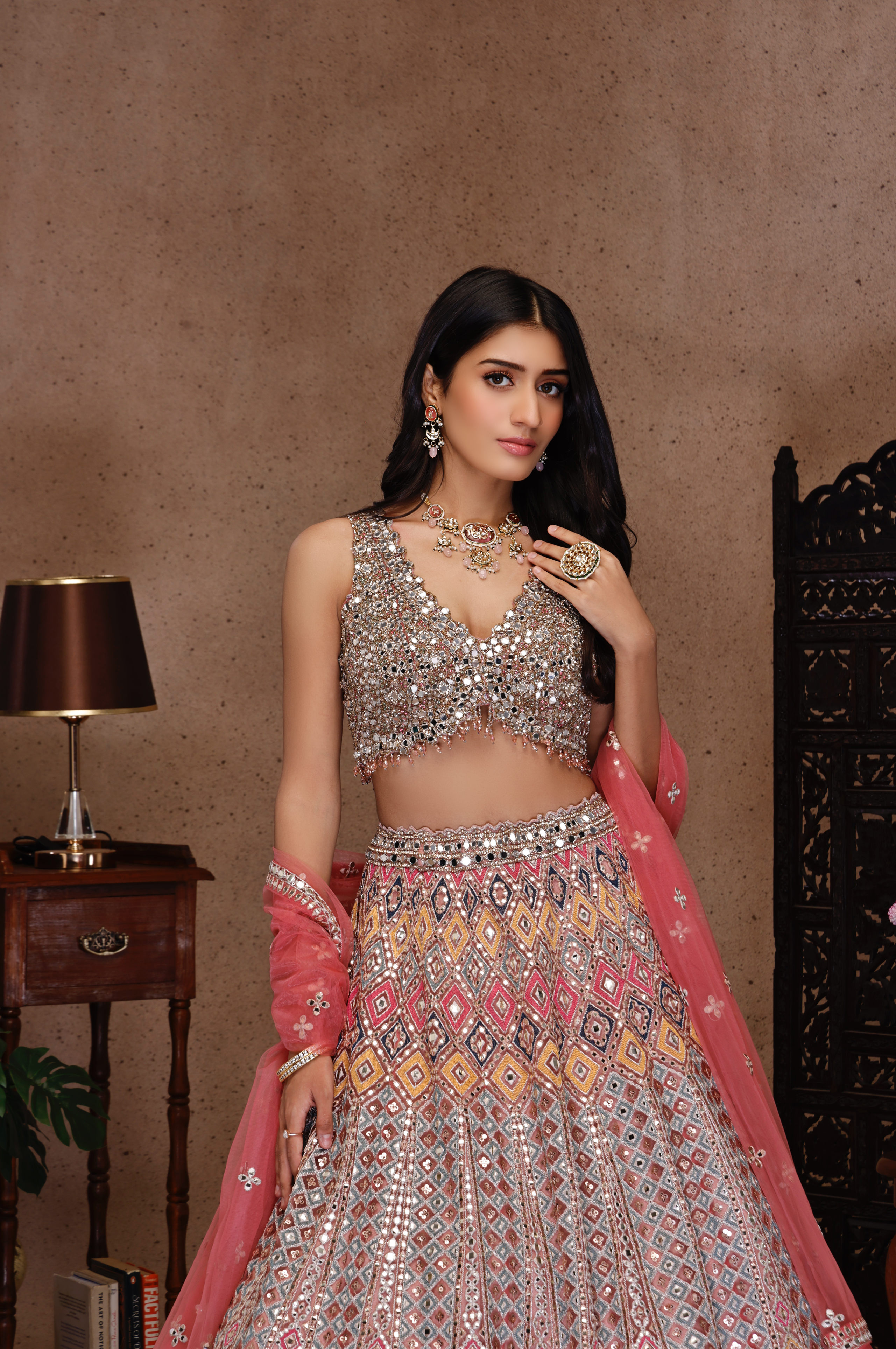 MULTI COLOUR EMBROIDERY TOP AND SKIRT WITH PINK DUPATTA