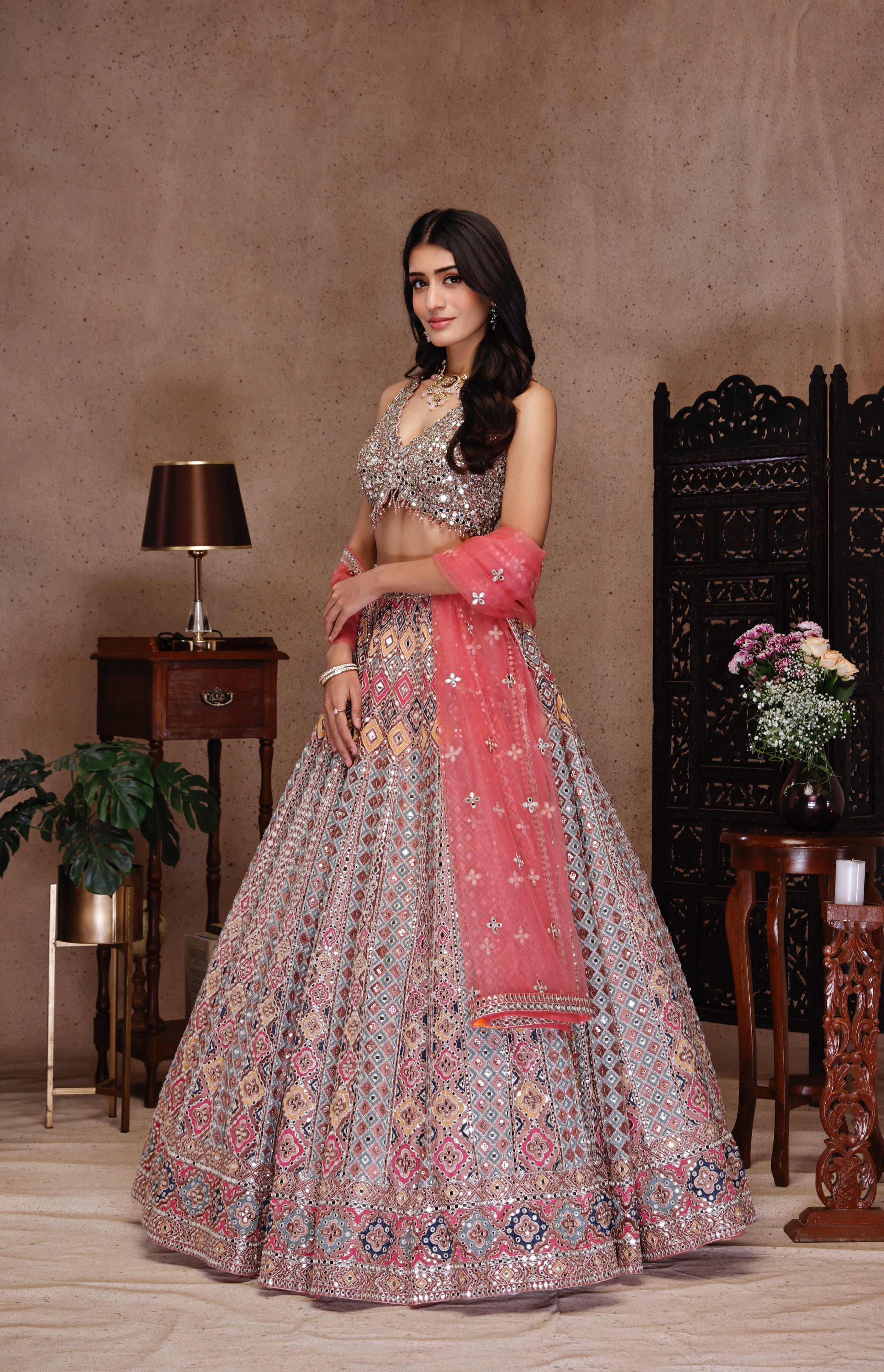 MULTI COLOUR EMBROIDERY TOP AND SKIRT WITH PINK DUPATTA