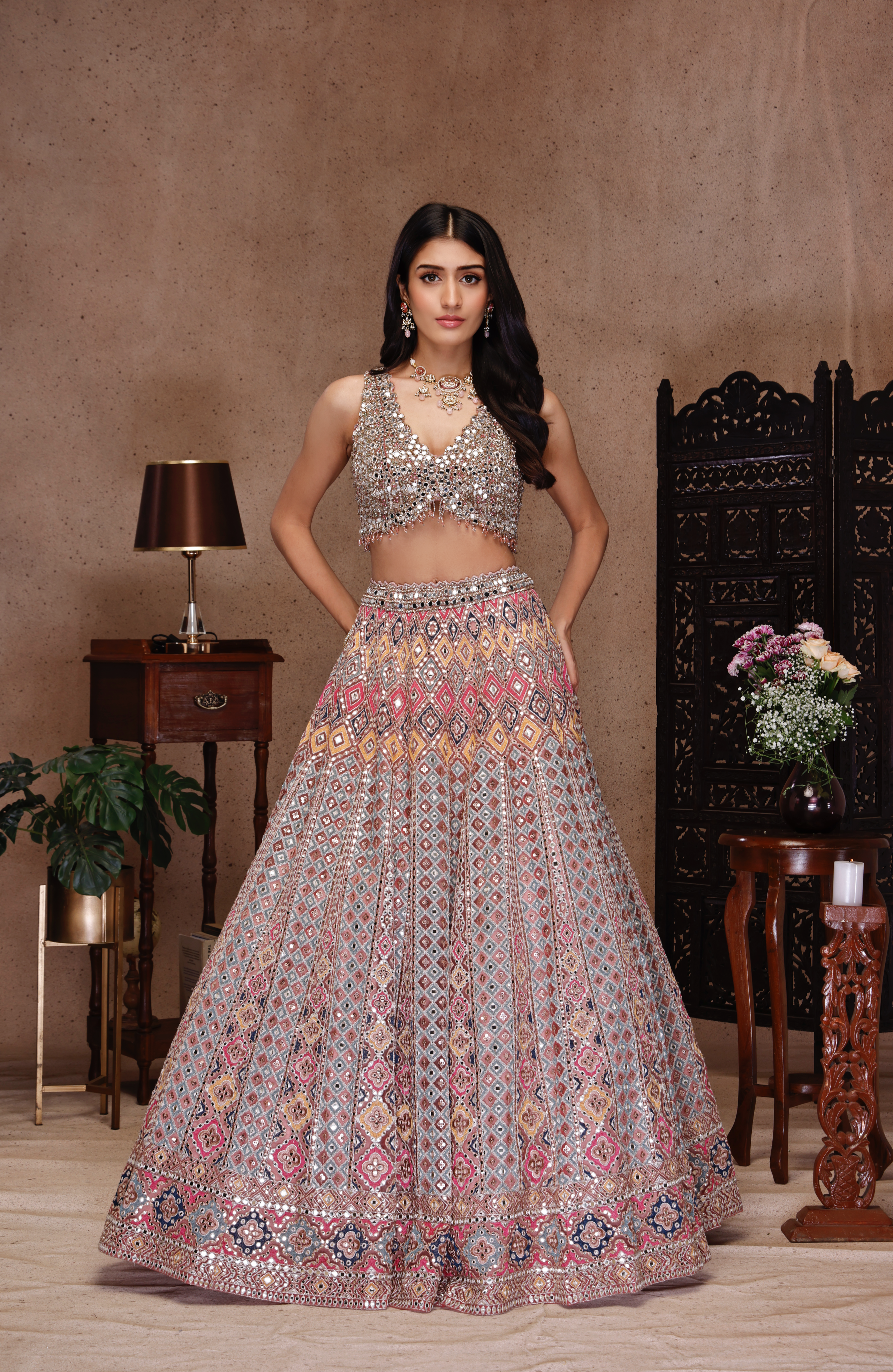 MULTI COLOUR EMBROIDERY TOP AND SKIRT WITH PINK DUPATTA