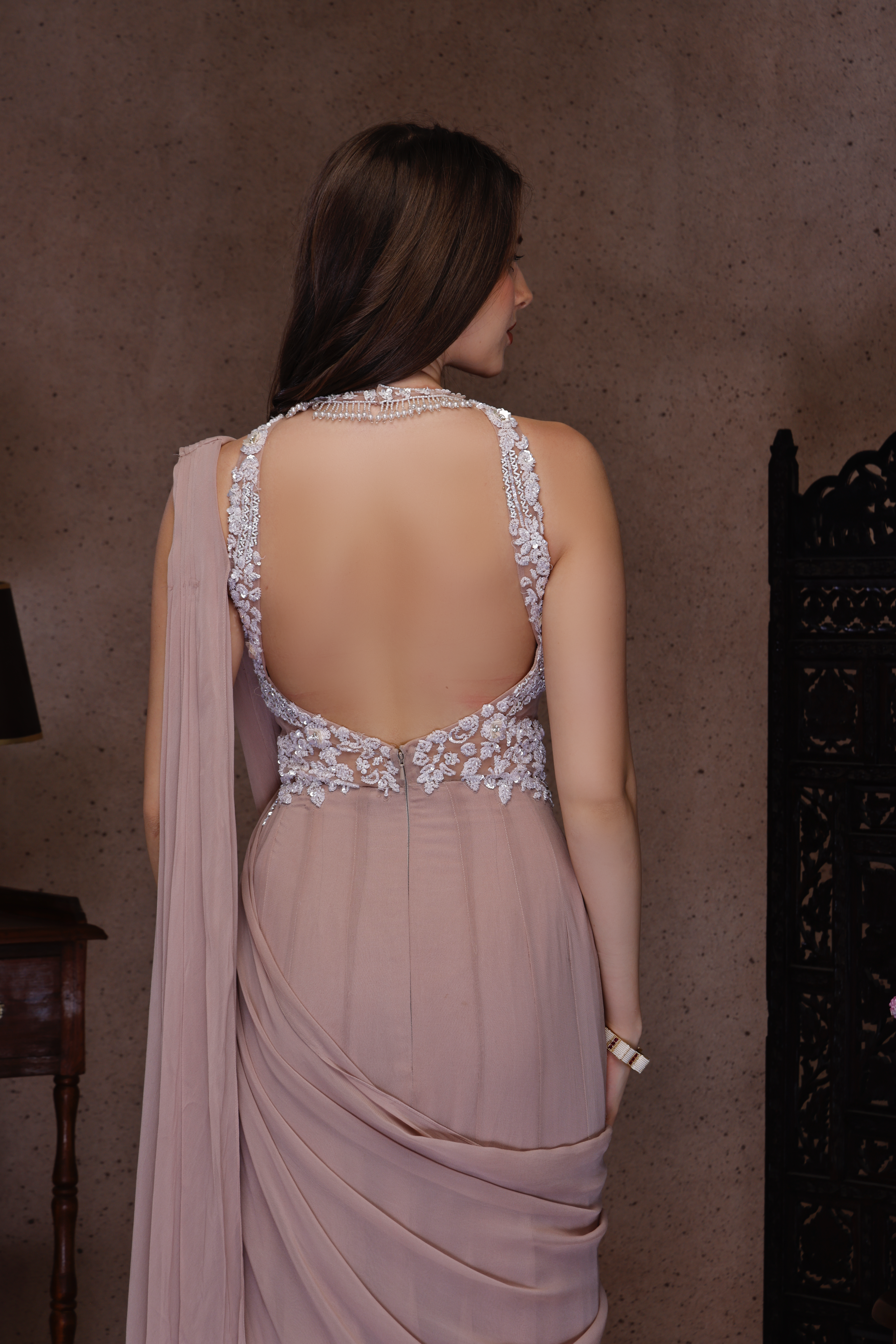 DARK NUDE EMBROIDERY DRAPE SAREE