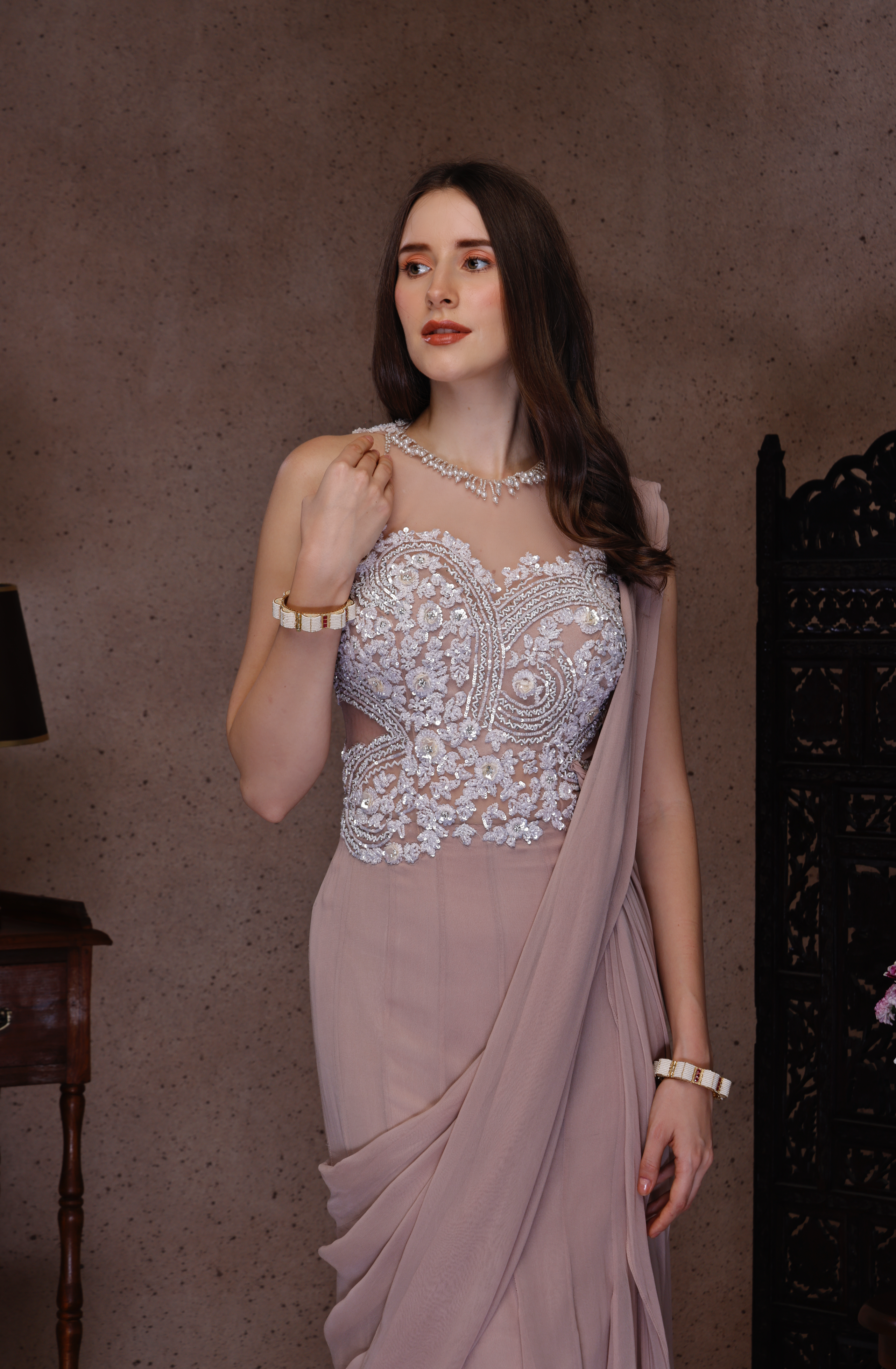 DARK NUDE EMBROIDERY DRAPE SAREE