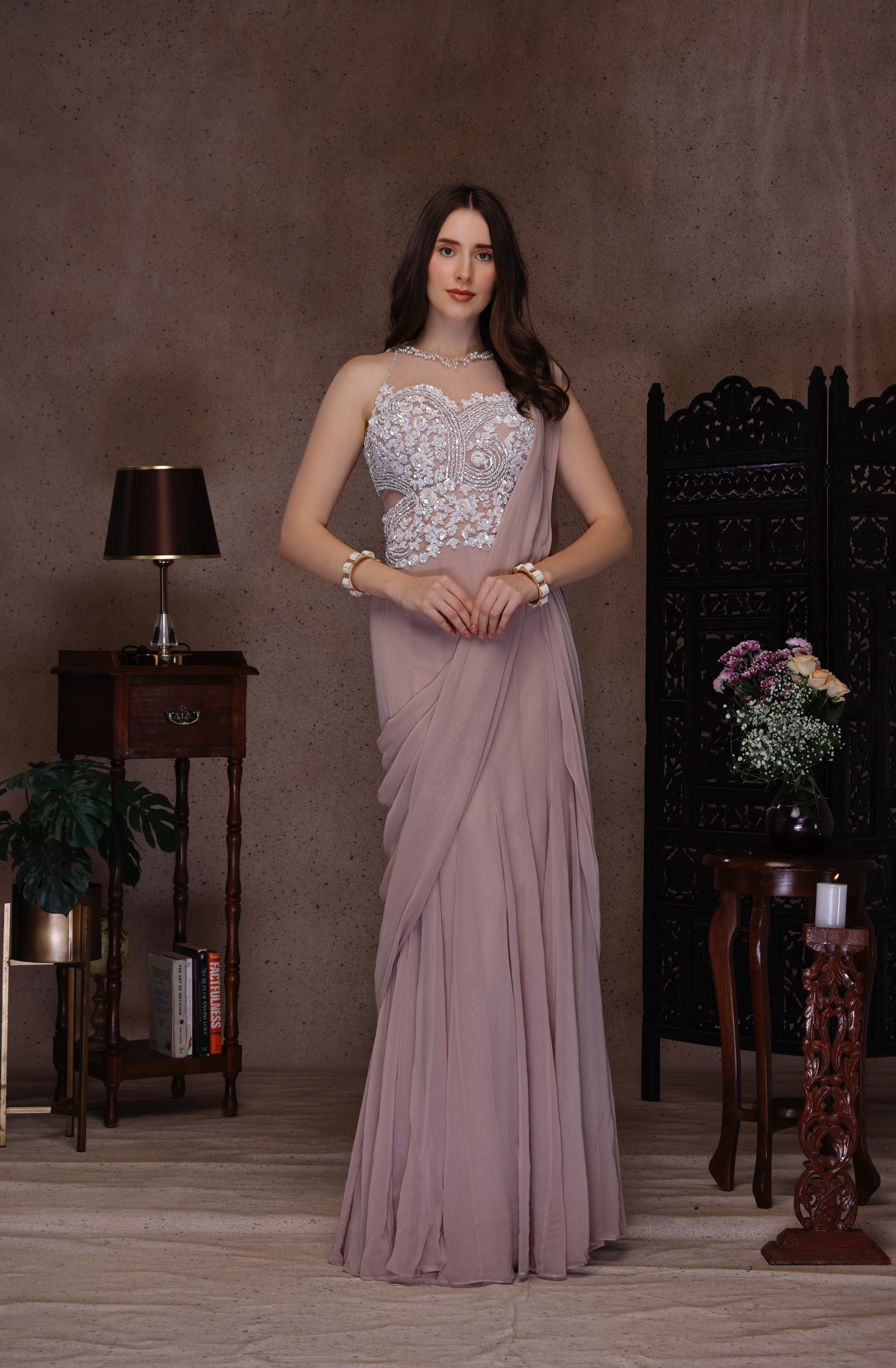 DARK NUDE EMBROIDERY DRAPE SAREE