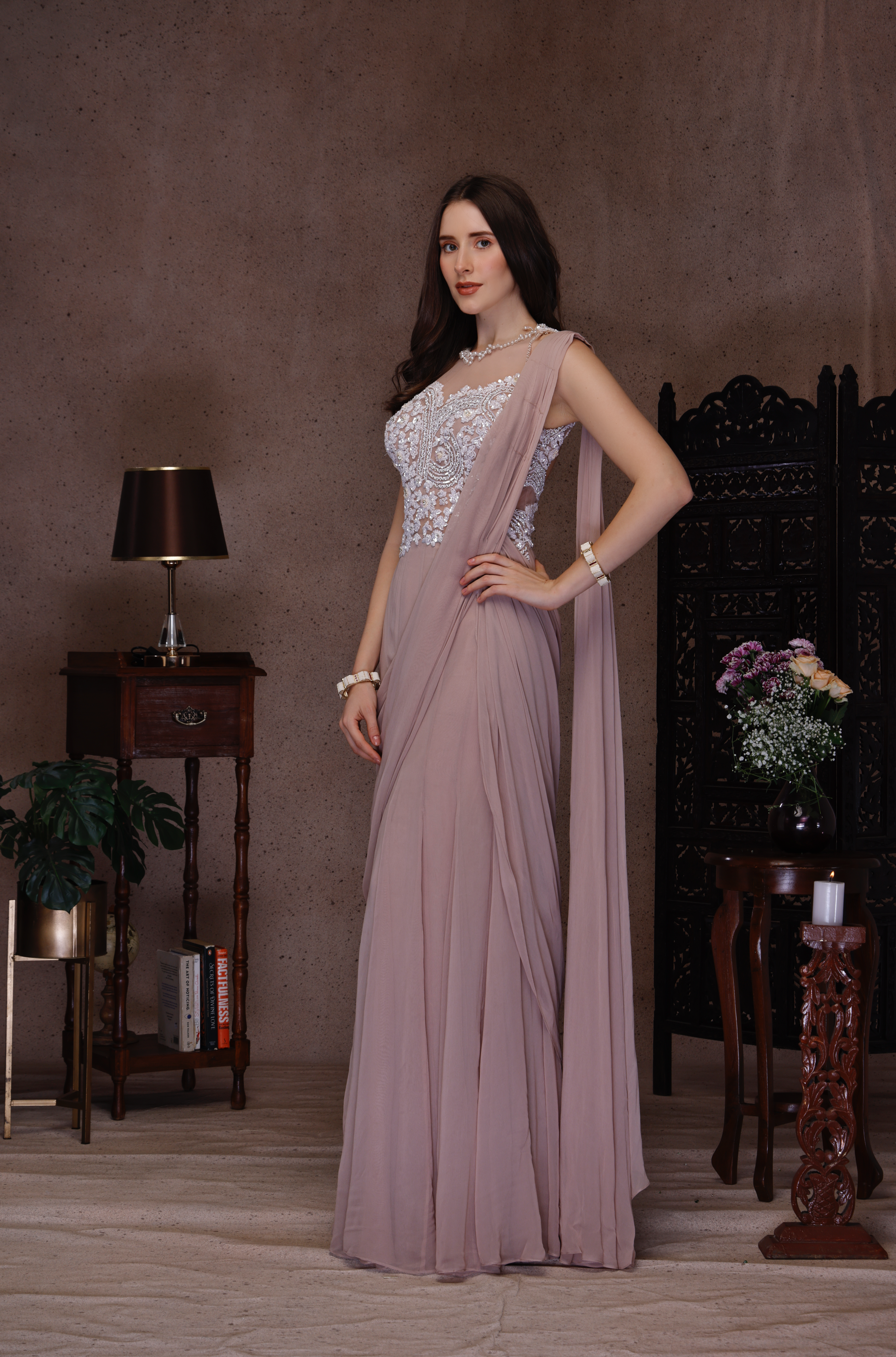 DARK NUDE EMBROIDERY DRAPE SAREE