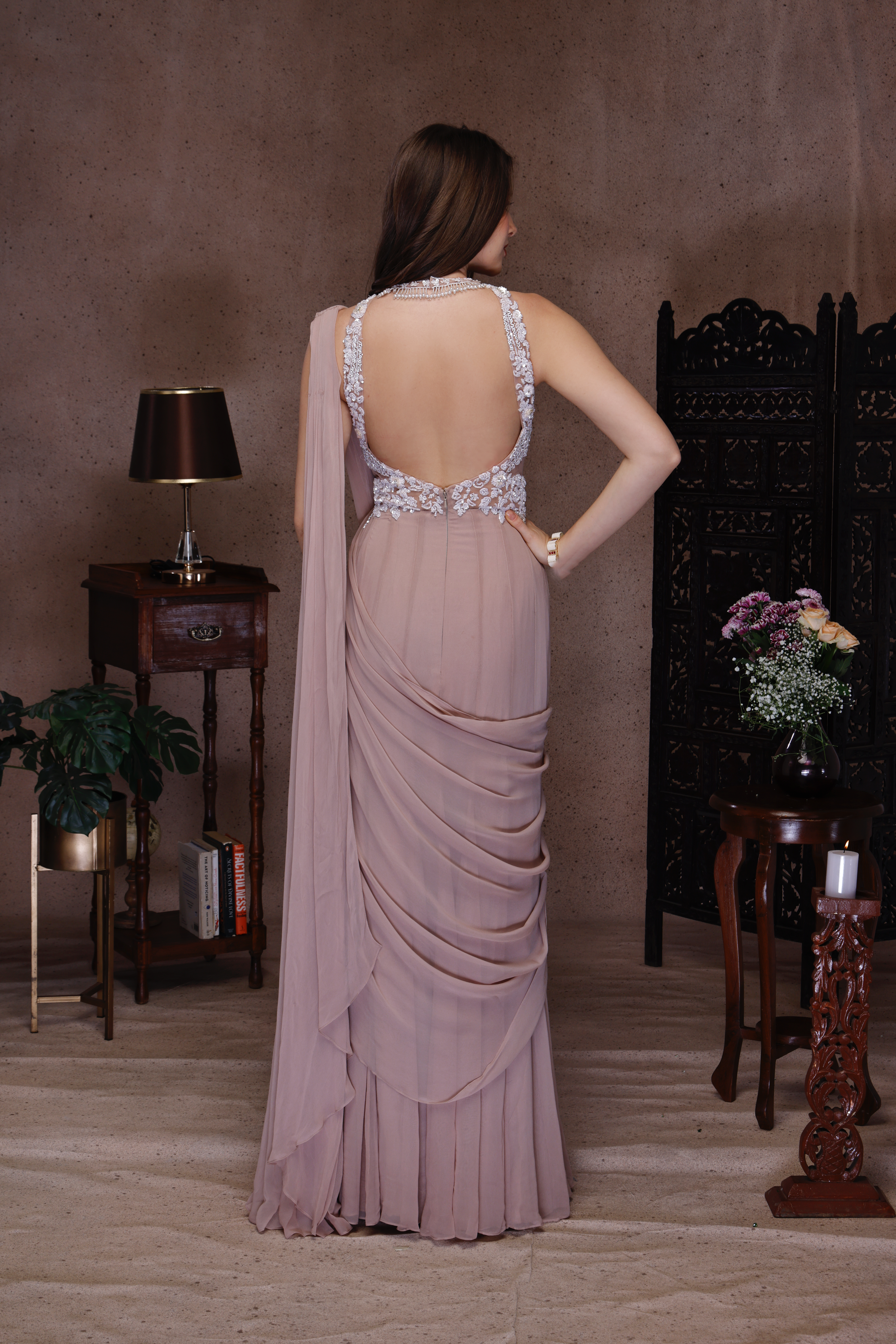 DARK NUDE EMBROIDERY DRAPE SAREE