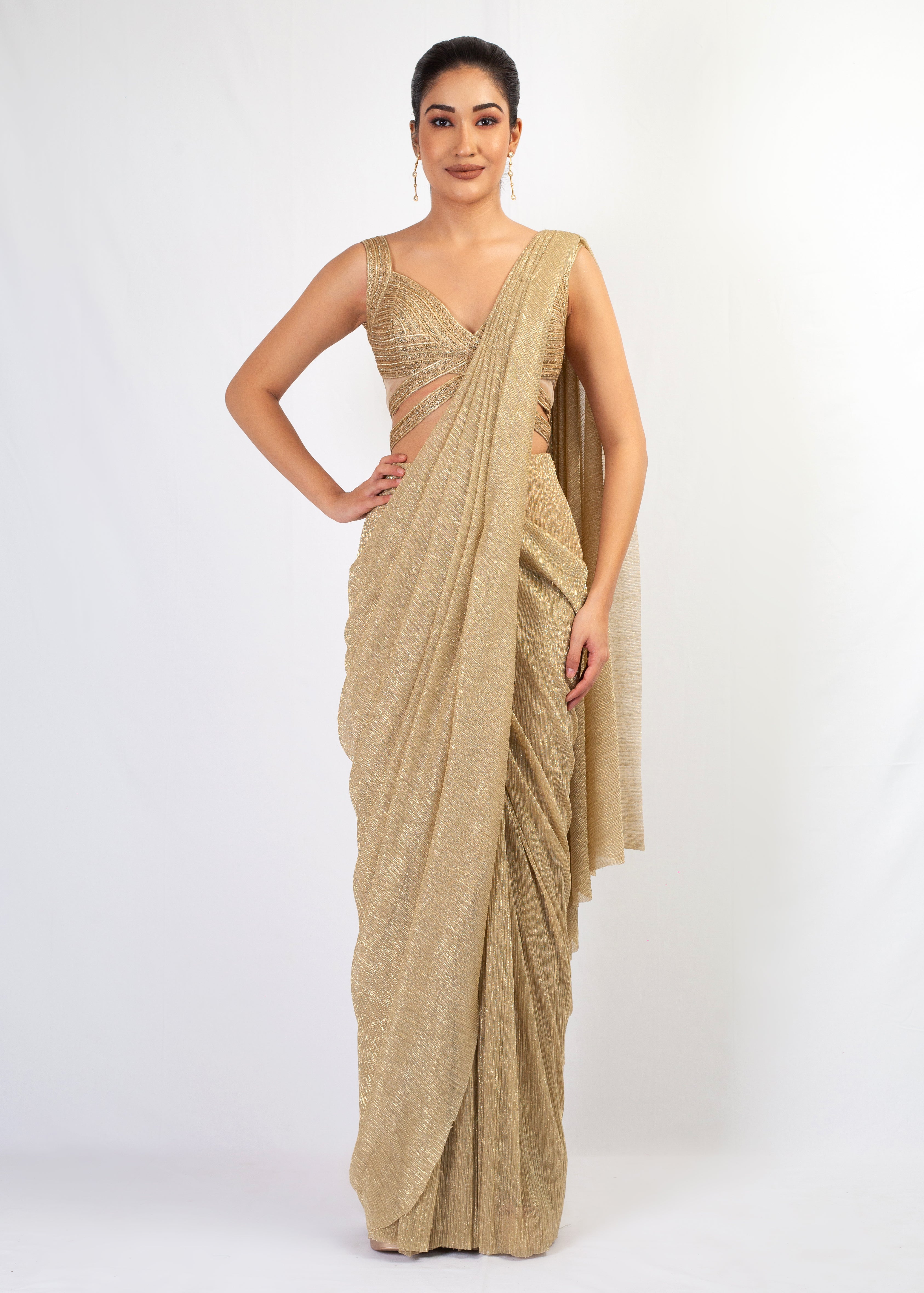ELEGANT GOLD EMBROIDERY TOP WITH DRAPE SAREE