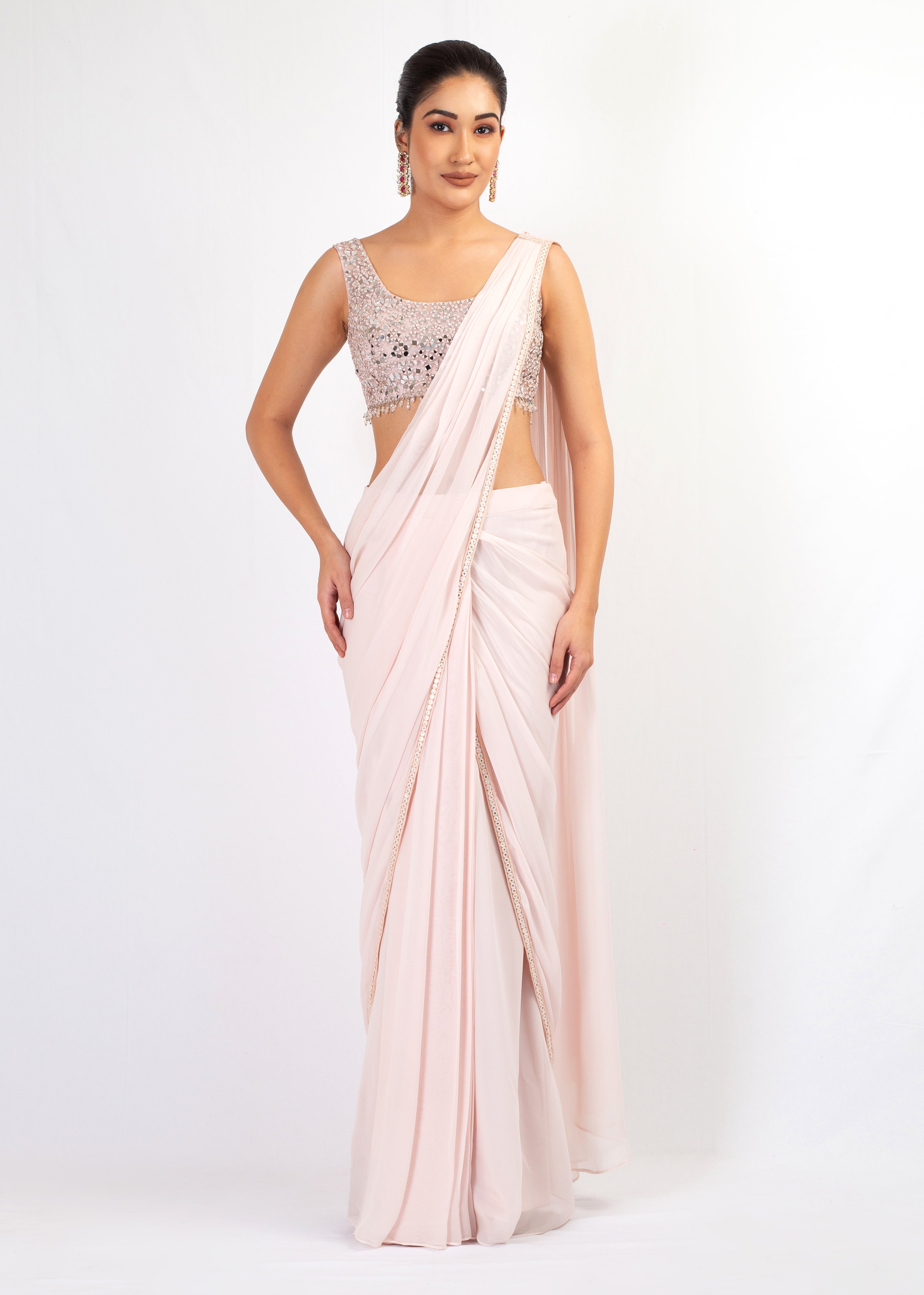 ELEGANT LIGHT NUDE EMBROIDERY TOP WITH DRAPE SAREE