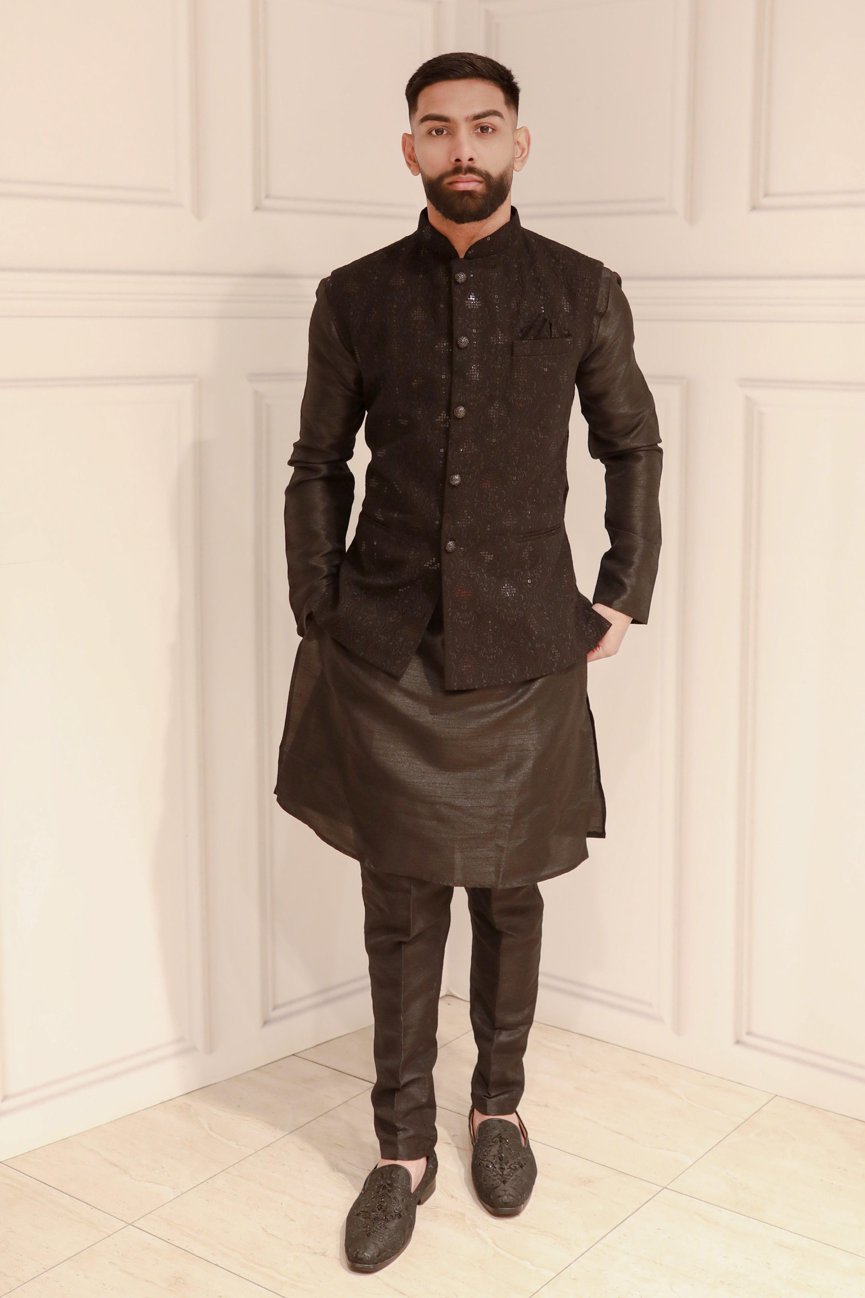 CHIKAN EMBROIDERY JACKET WITH KURTA AND TROUSER