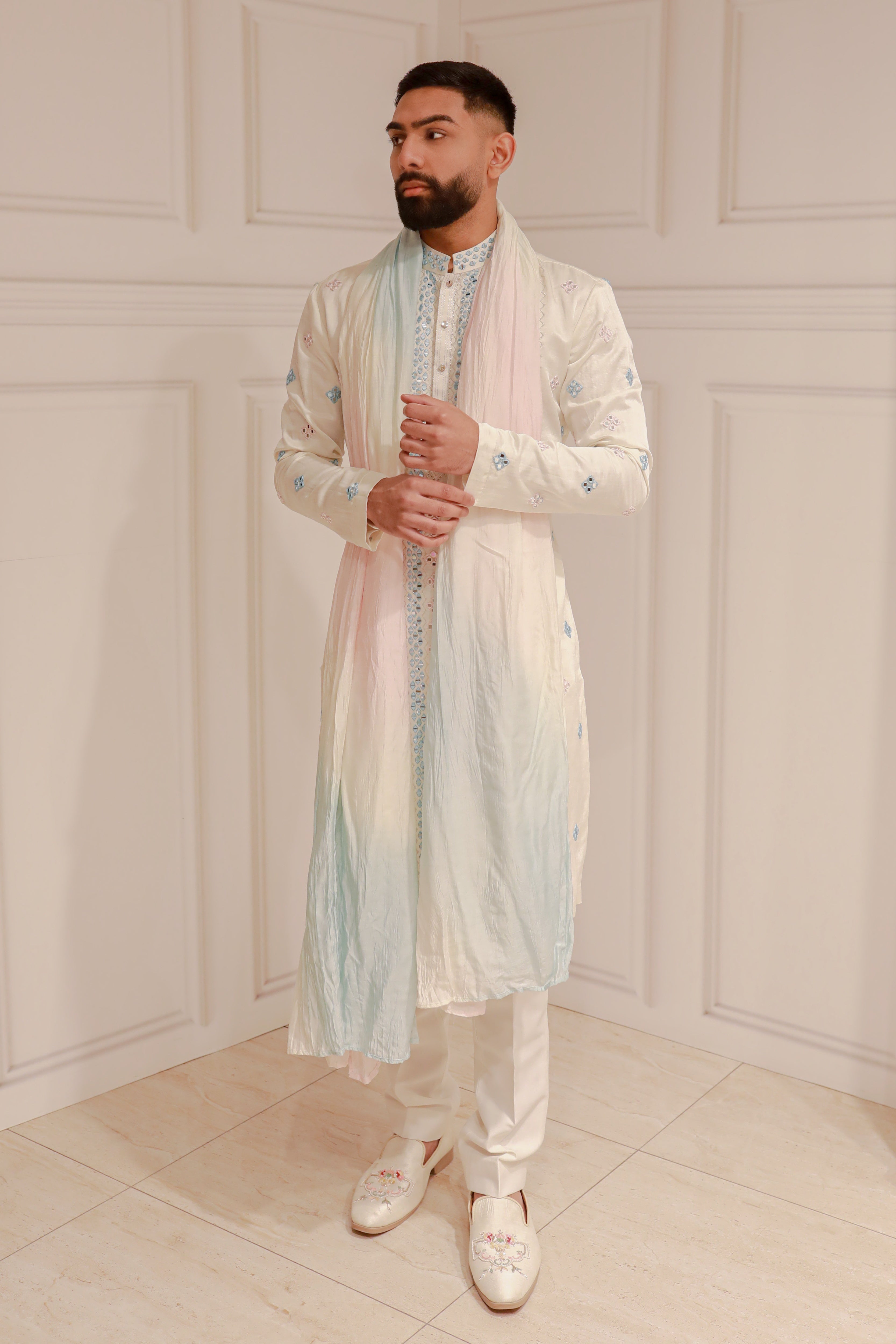 WHITE EMBROIDERY BROCADE KURTA WITH TROUSER