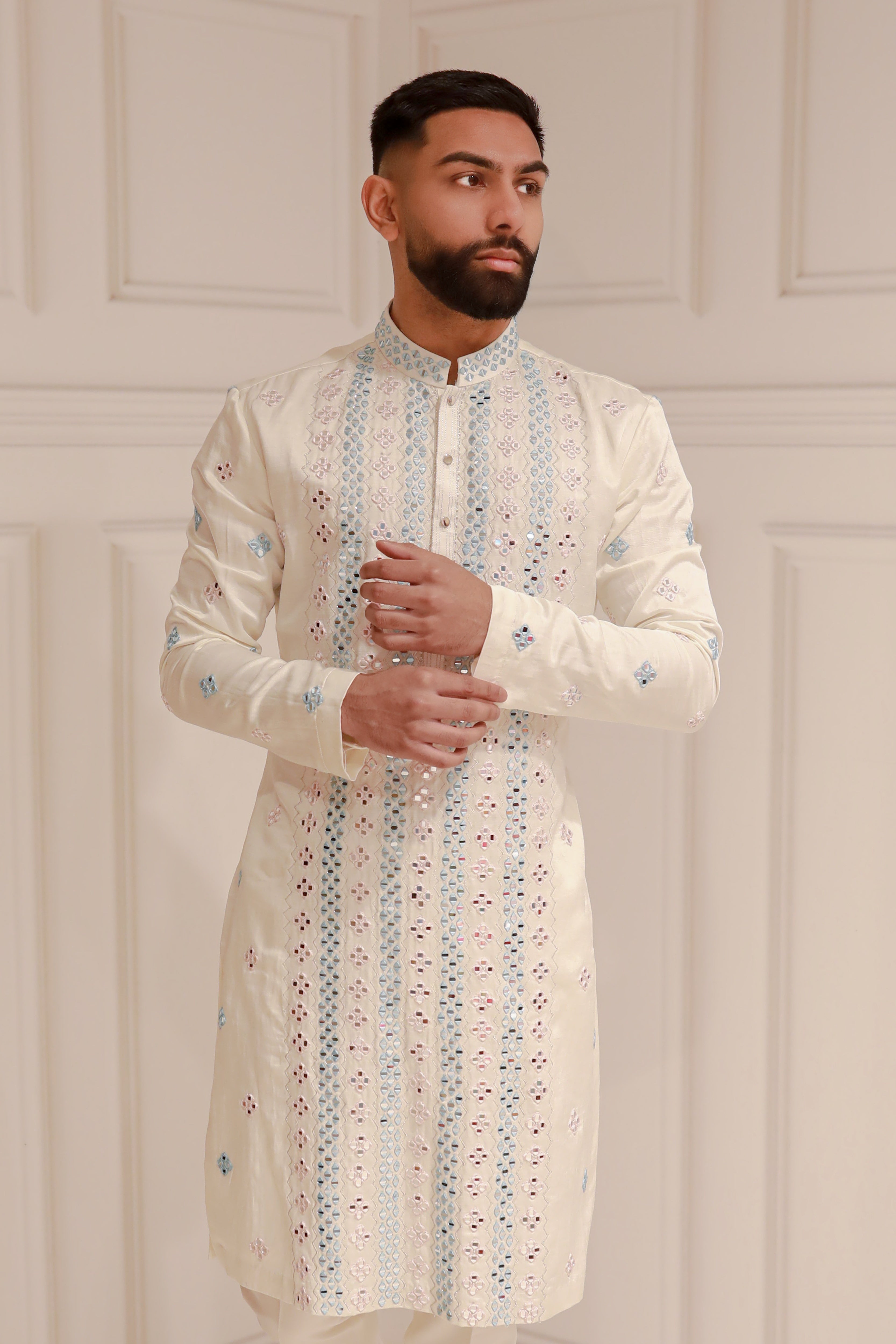 WHITE EMBROIDERY BROCADE KURTA WITH TROUSER