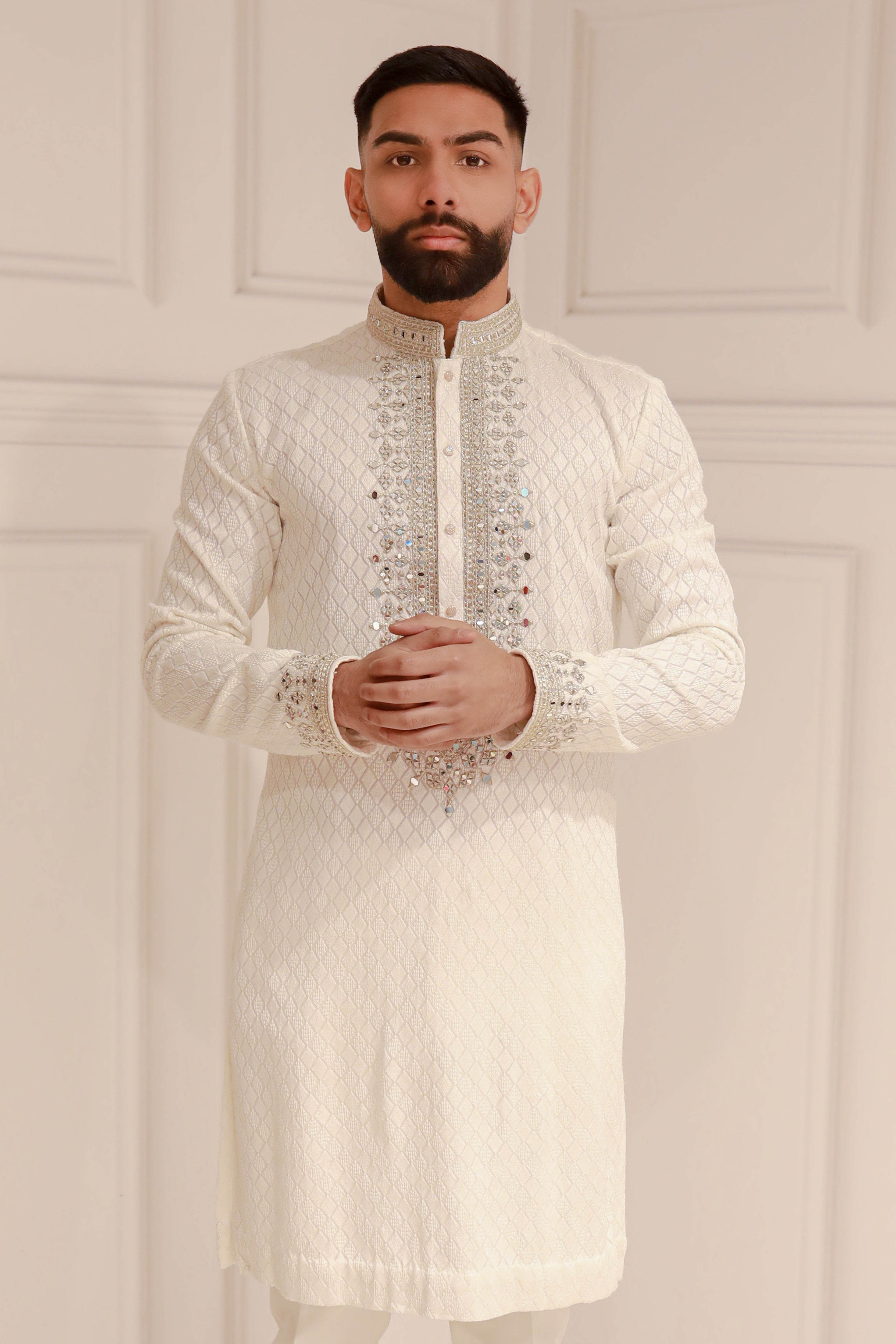 WHITE EMBROIDERY BROCADE KURTA WITH TROUSER
