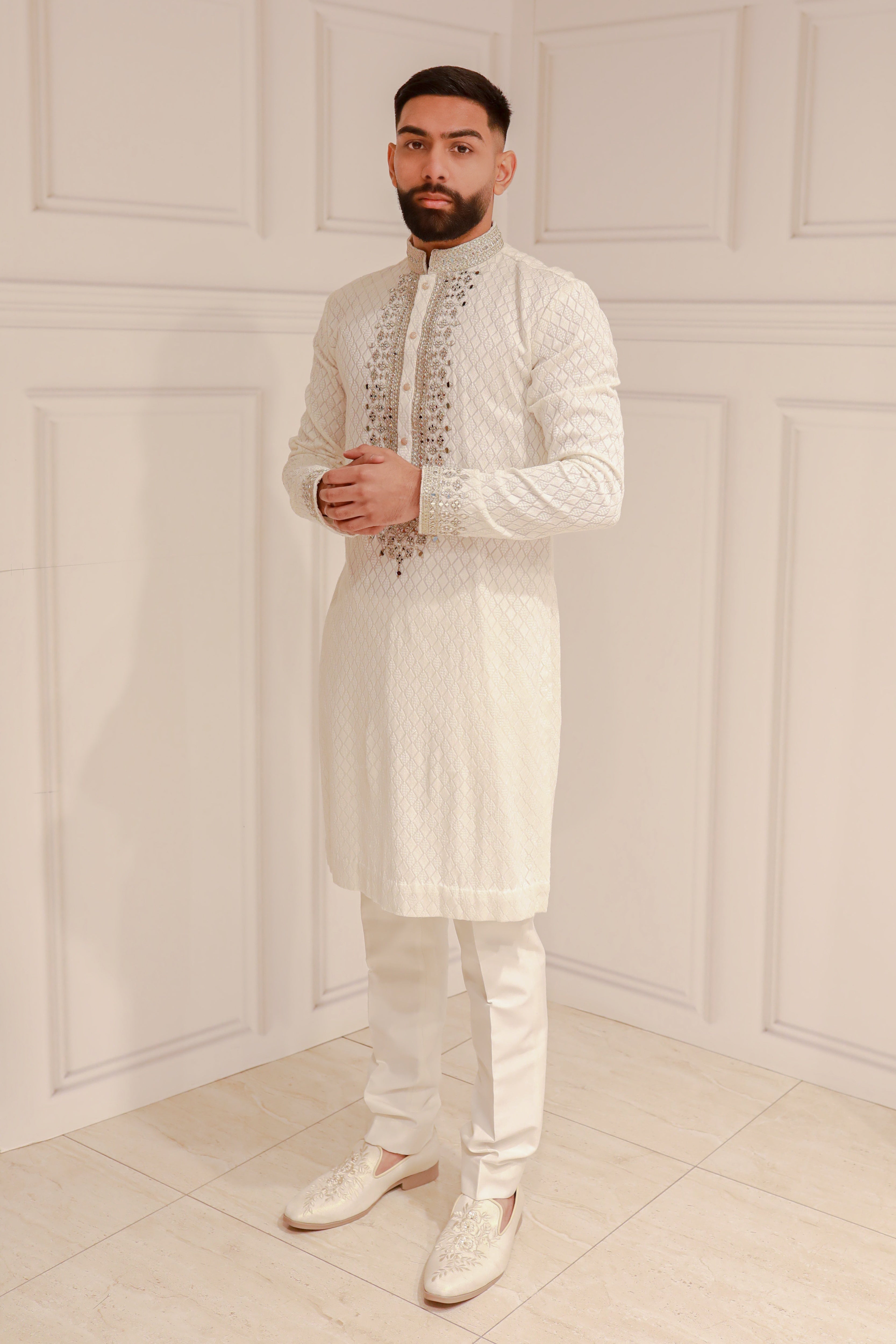 WHITE EMBROIDERY BROCADE KURTA WITH TROUSER