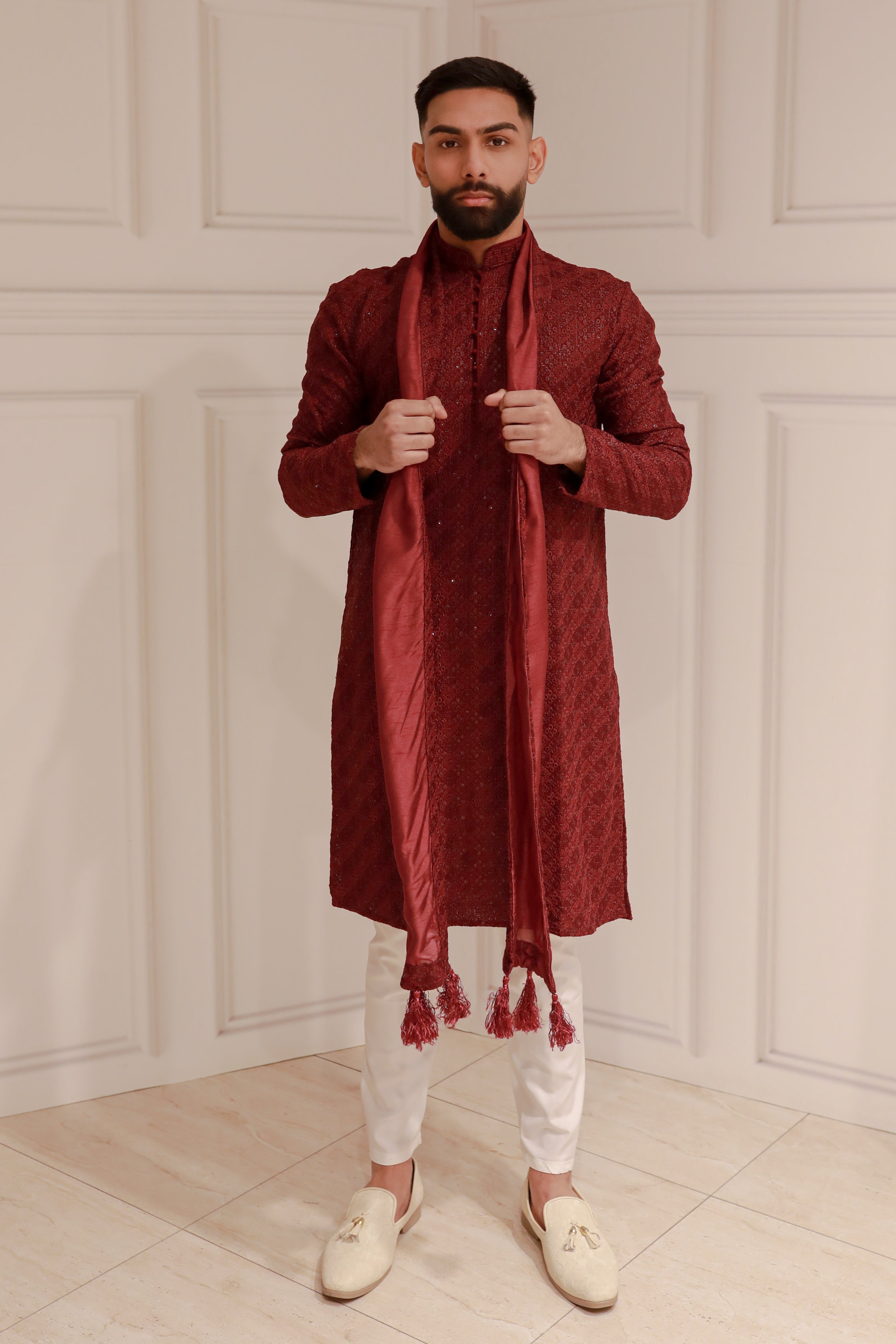 WINE ELEGANT KURTA WITH TROUSER AND STOLE