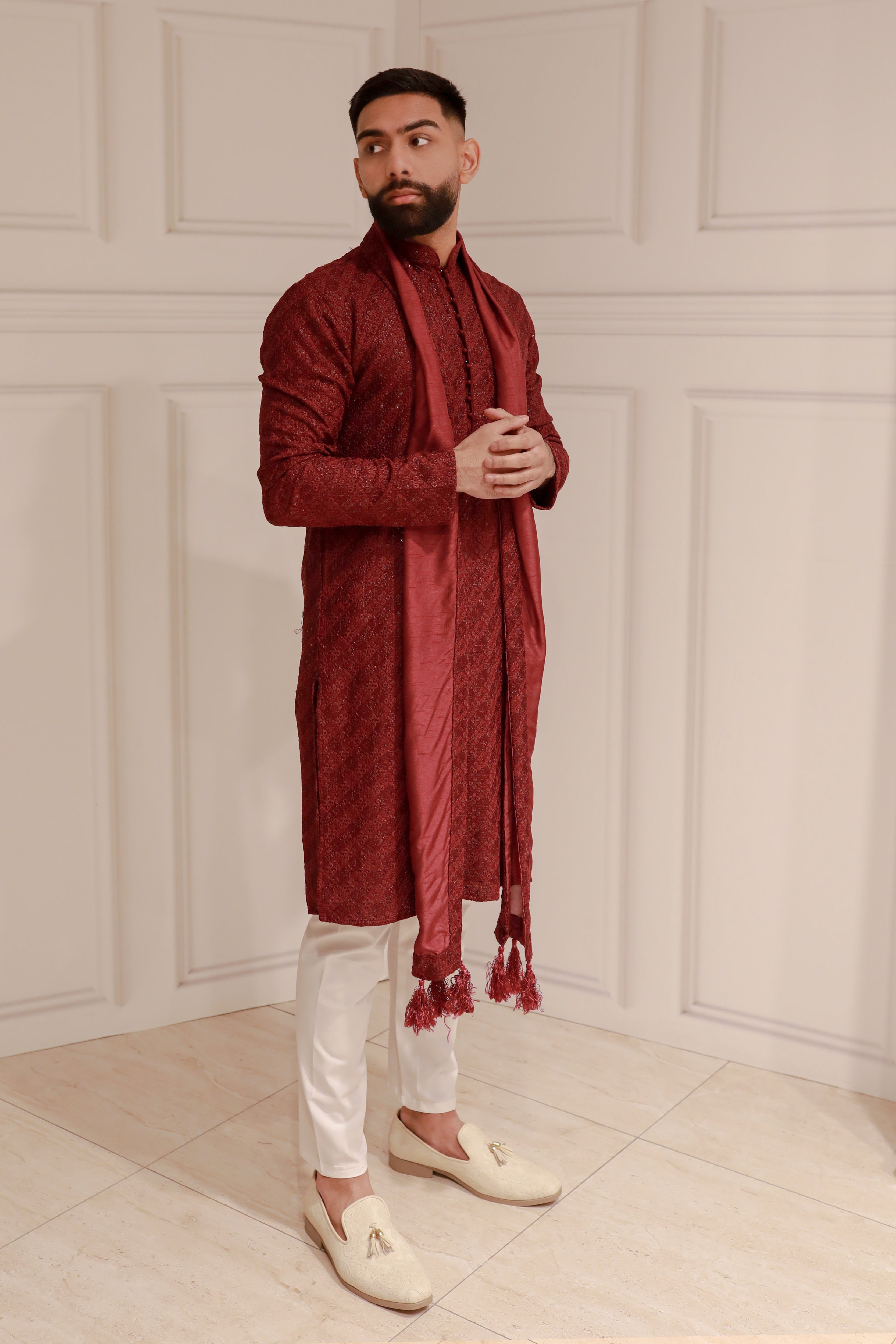 WINE ELEGANT KURTA WITH TROUSER AND STOLE