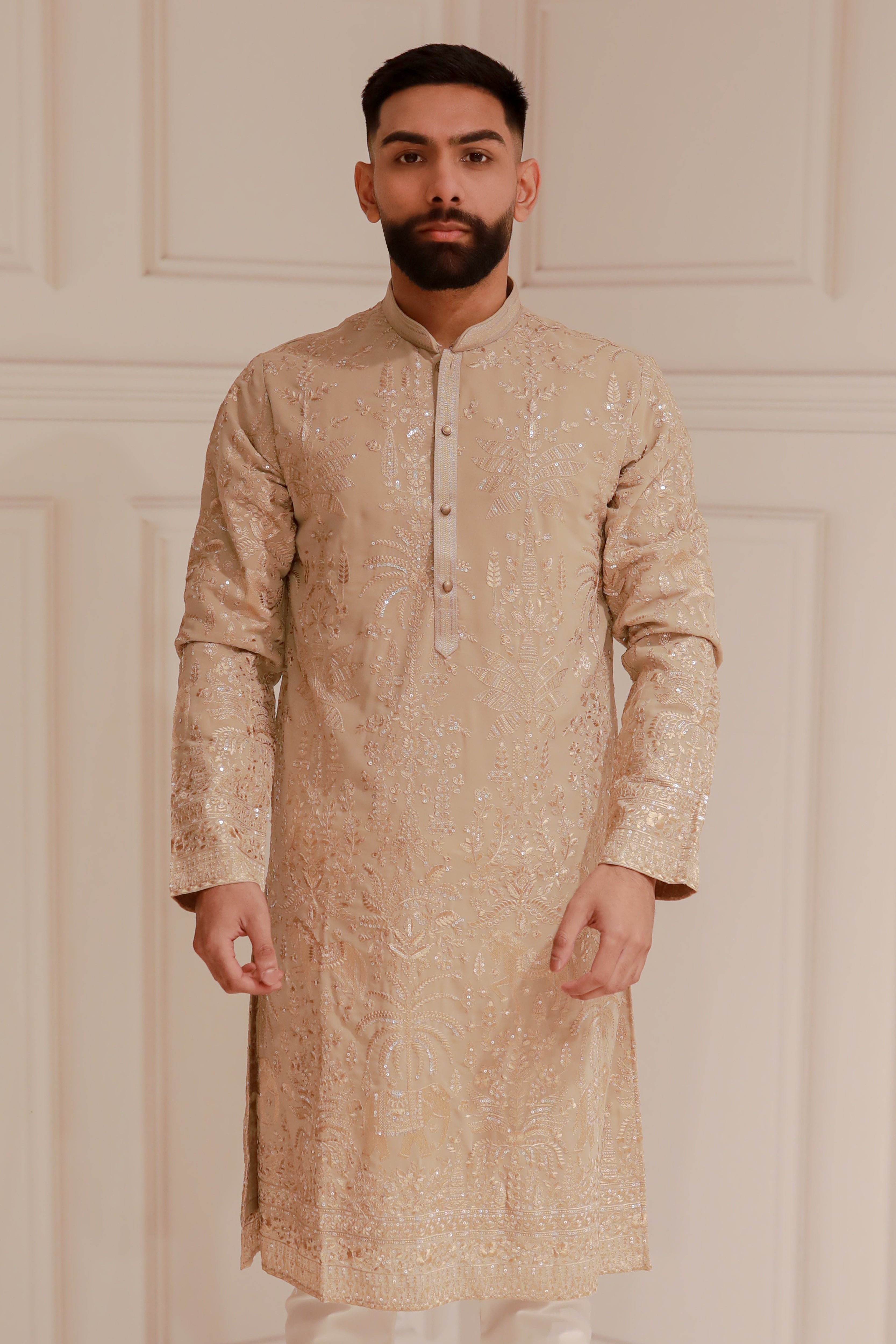 FULLY EMBROIDERY GOLD KURTA WITH WHITE TROUSERE