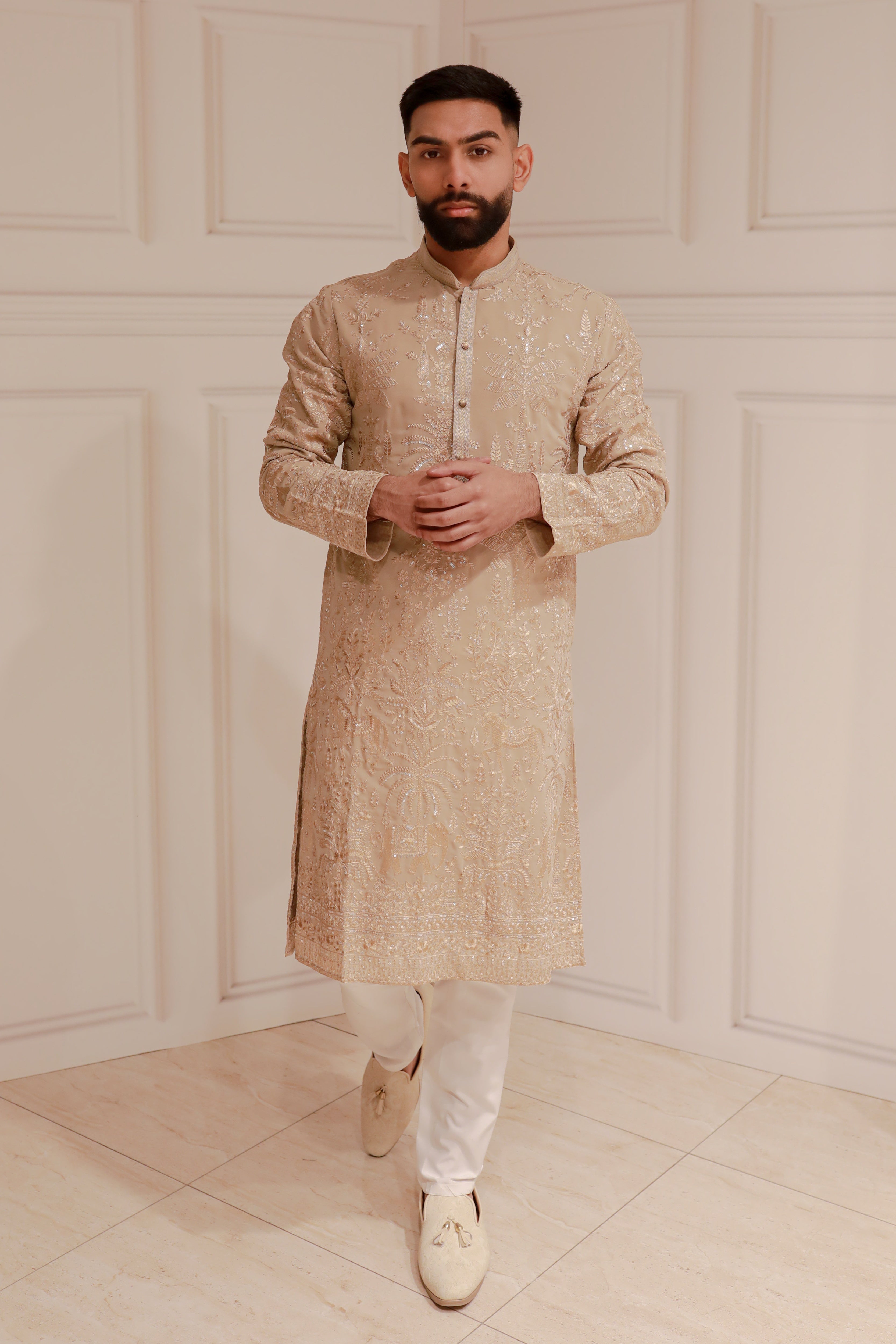 FULLY EMBROIDERY GOLD KURTA WITH WHITE TROUSERE