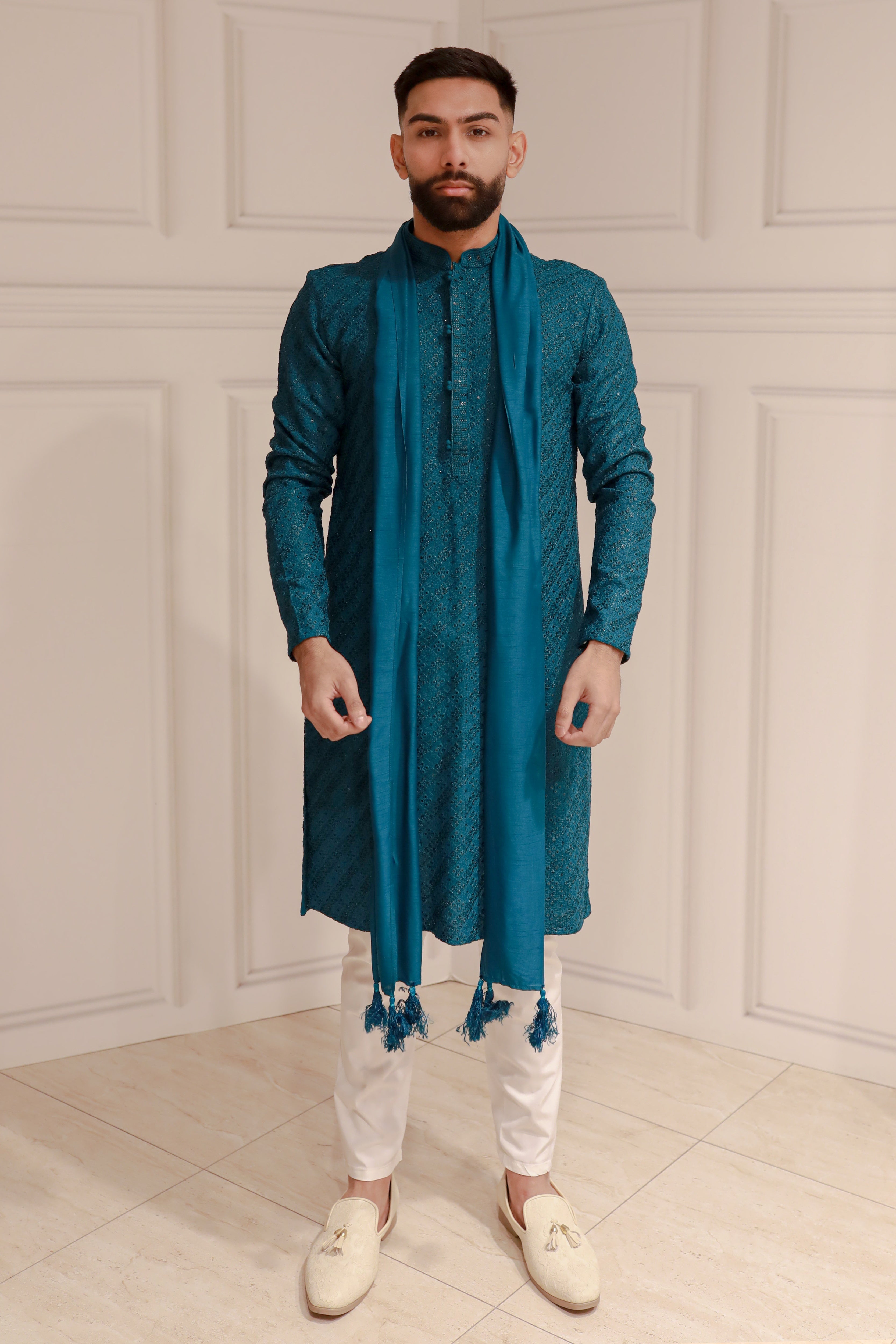 CHIKAN WORK TEAL BLUE KURTA WITH TROUSER AND STOLE