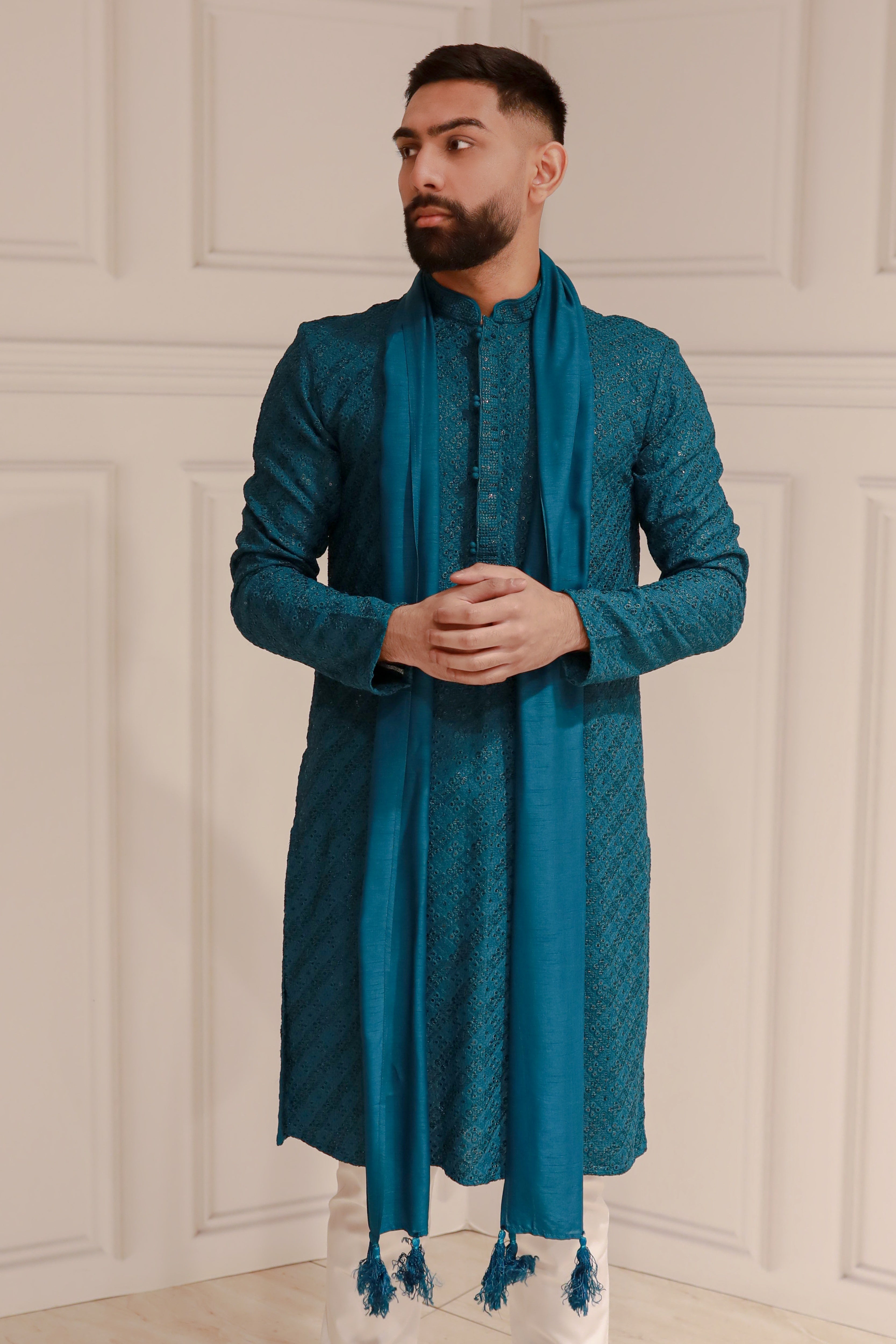 CHIKAN WORK TEAL BLUE KURTA WITH TROUSER AND STOLE