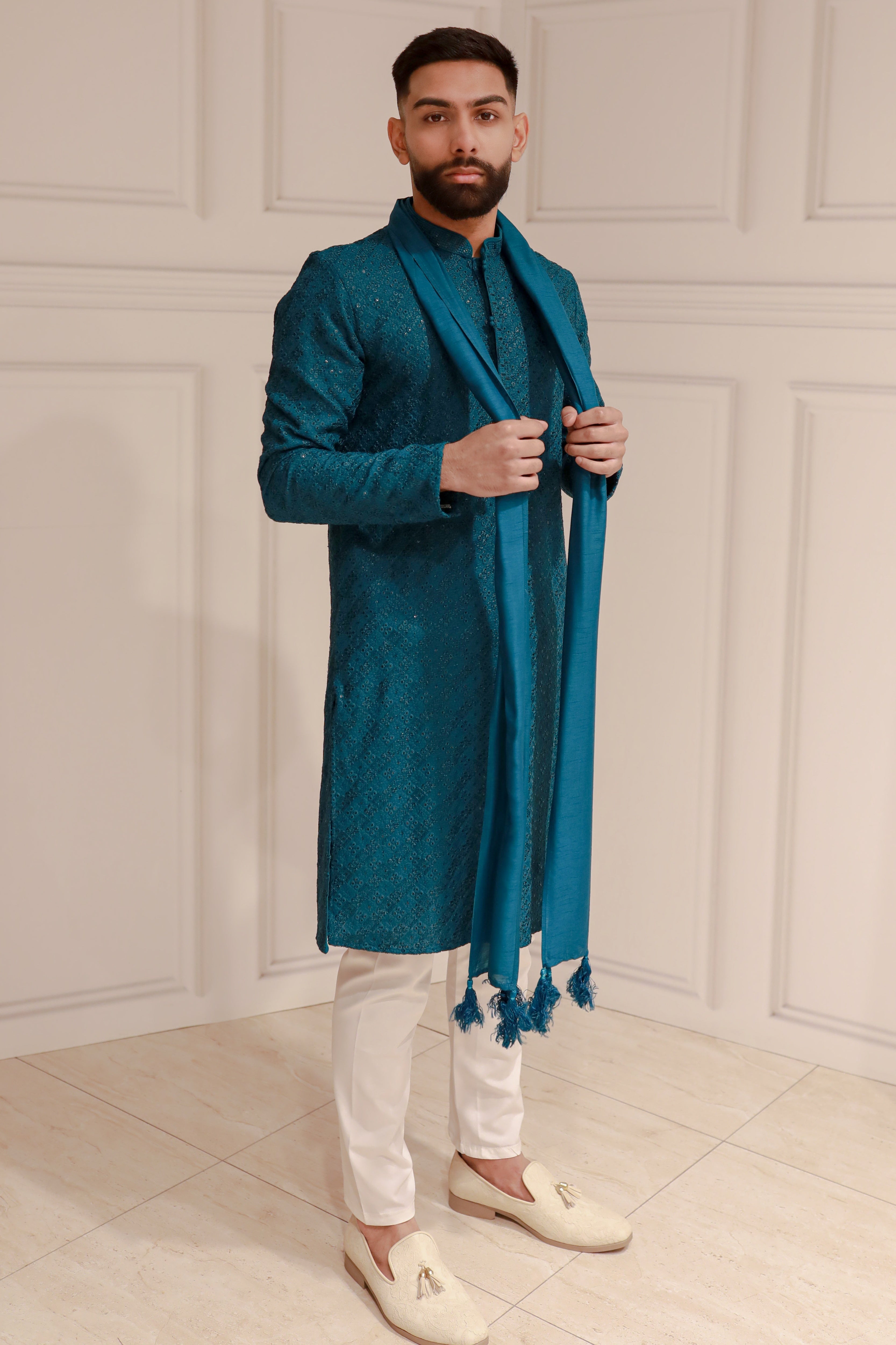 CHIKAN WORK TEAL BLUE KURTA WITH TROUSER AND STOLE