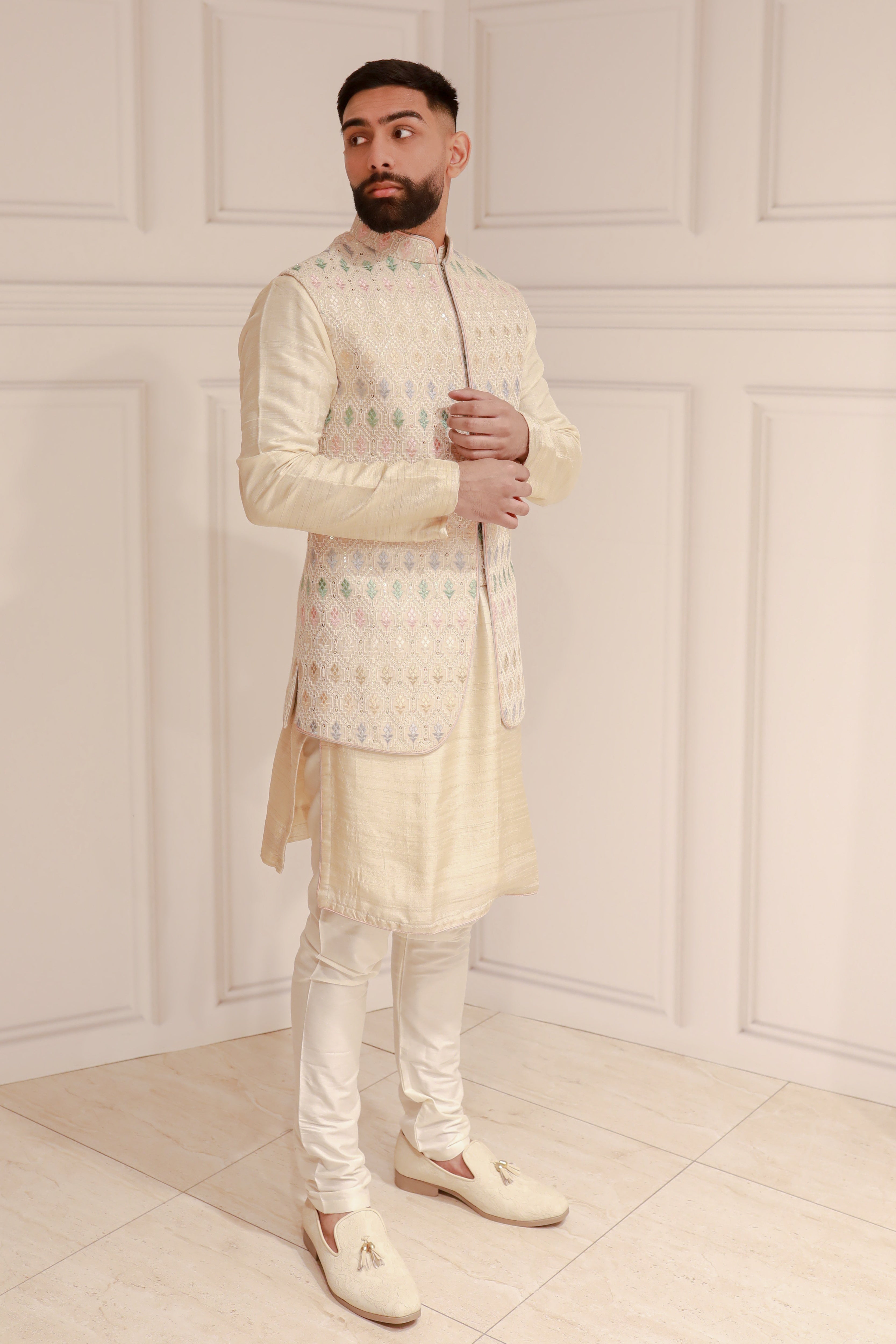 MULTI THREAD JACKET WITH LIGHT GOLD KURTA AND TROUSER