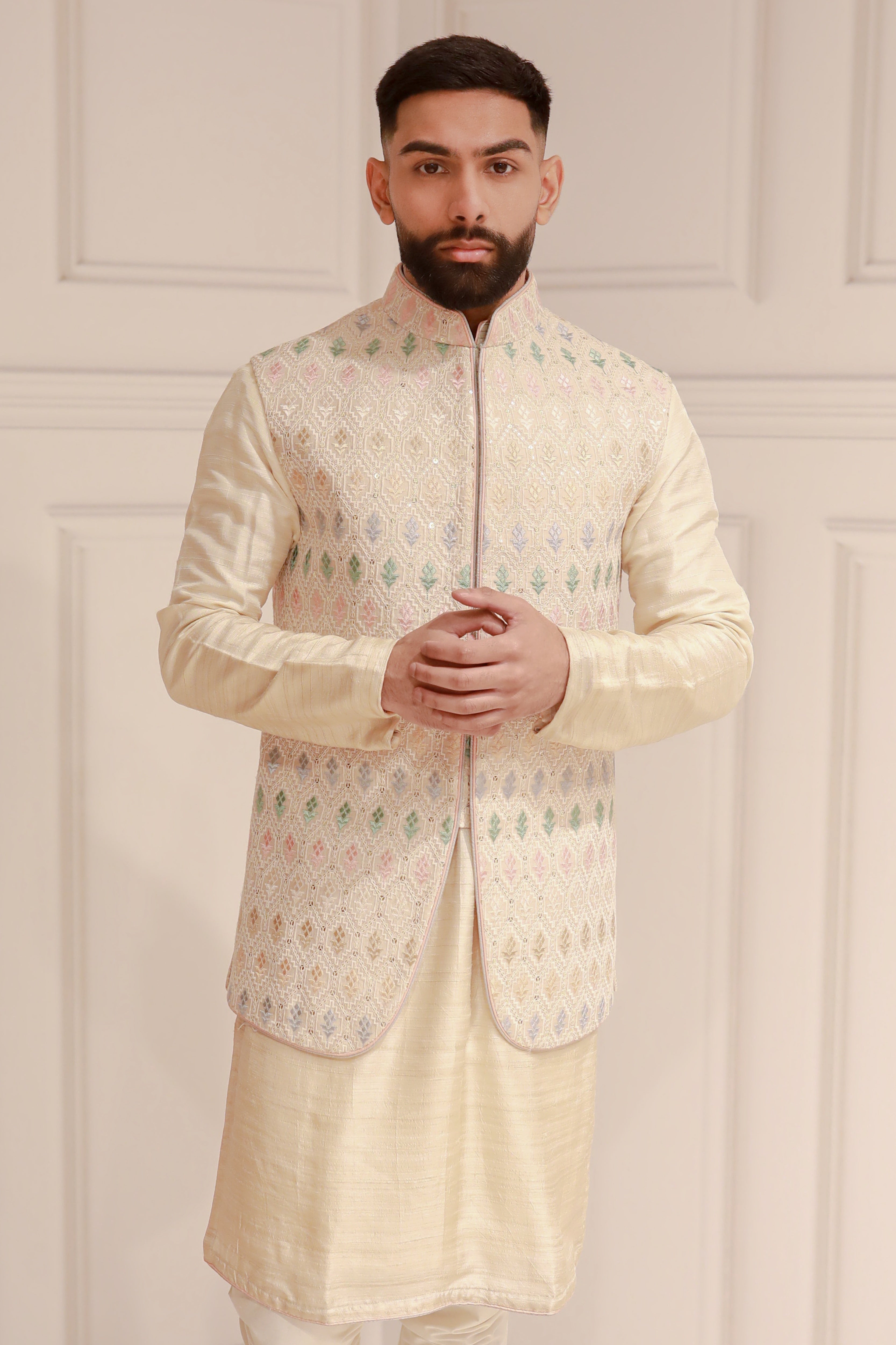 MULTI THREAD JACKET WITH LIGHT GOLD KURTA AND TROUSER