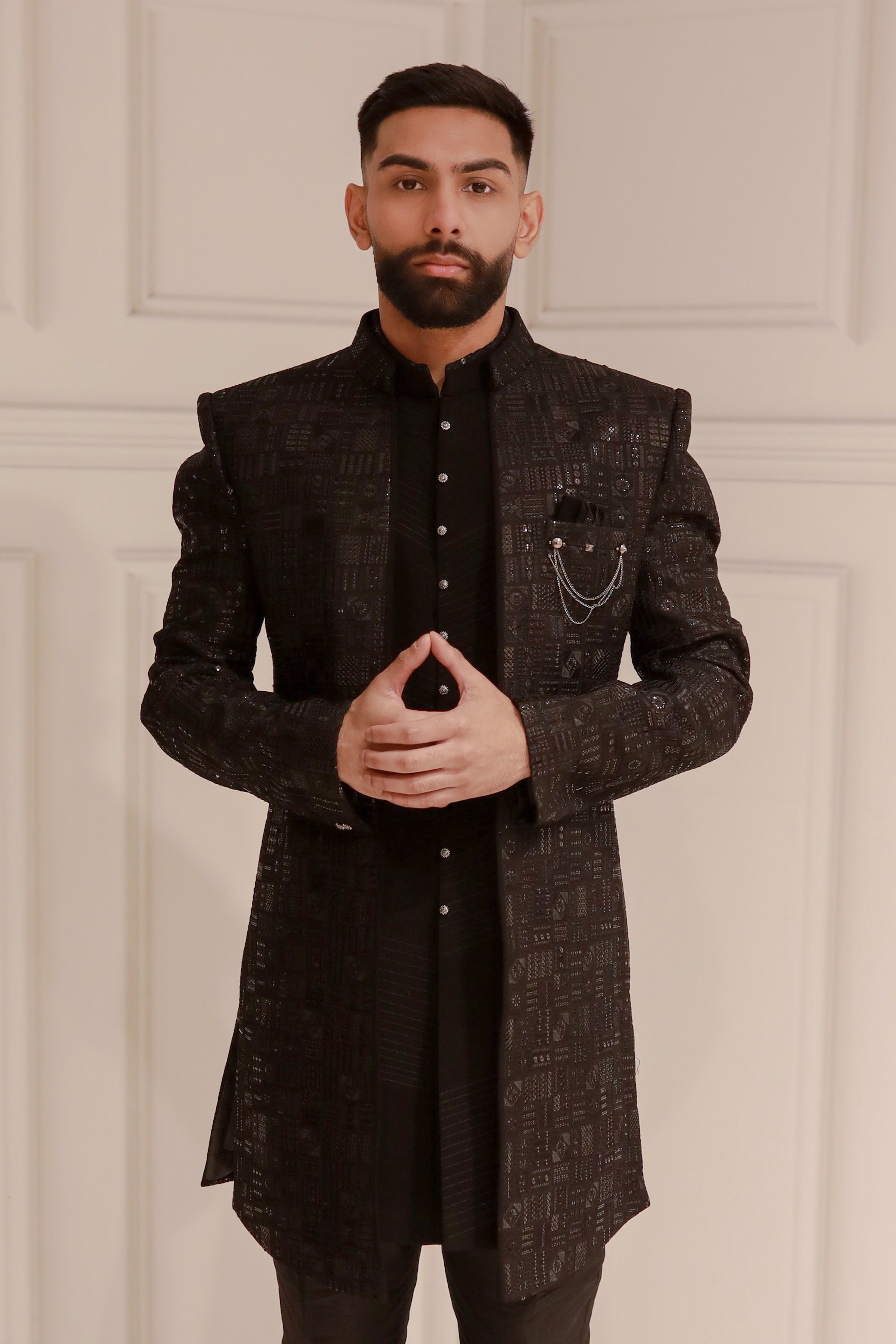 ELEGANT BLACK SHERWANI WITH KURTA AND TROUSER