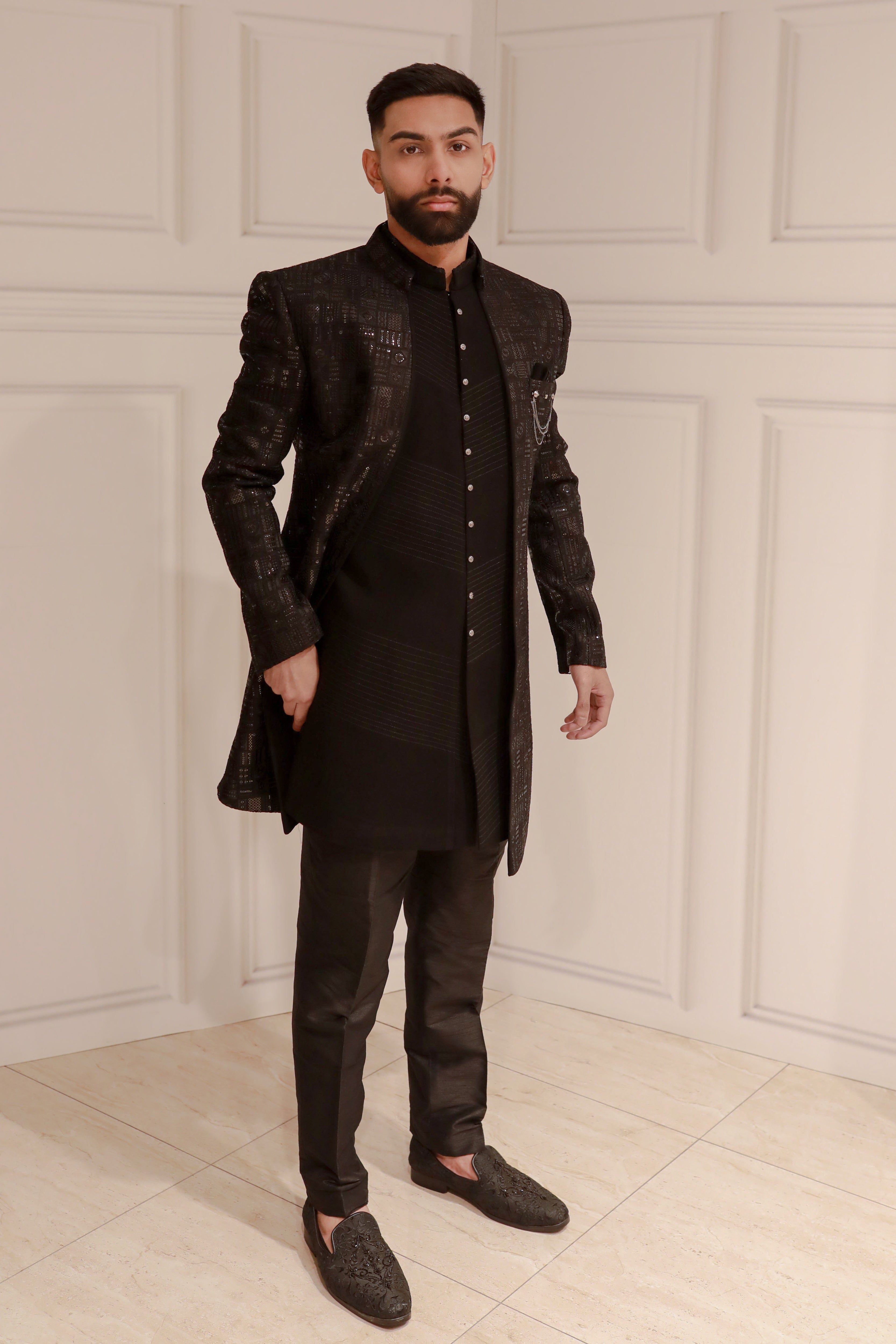 ELEGANT BLACK SHERWANI WITH KURTA AND TROUSER