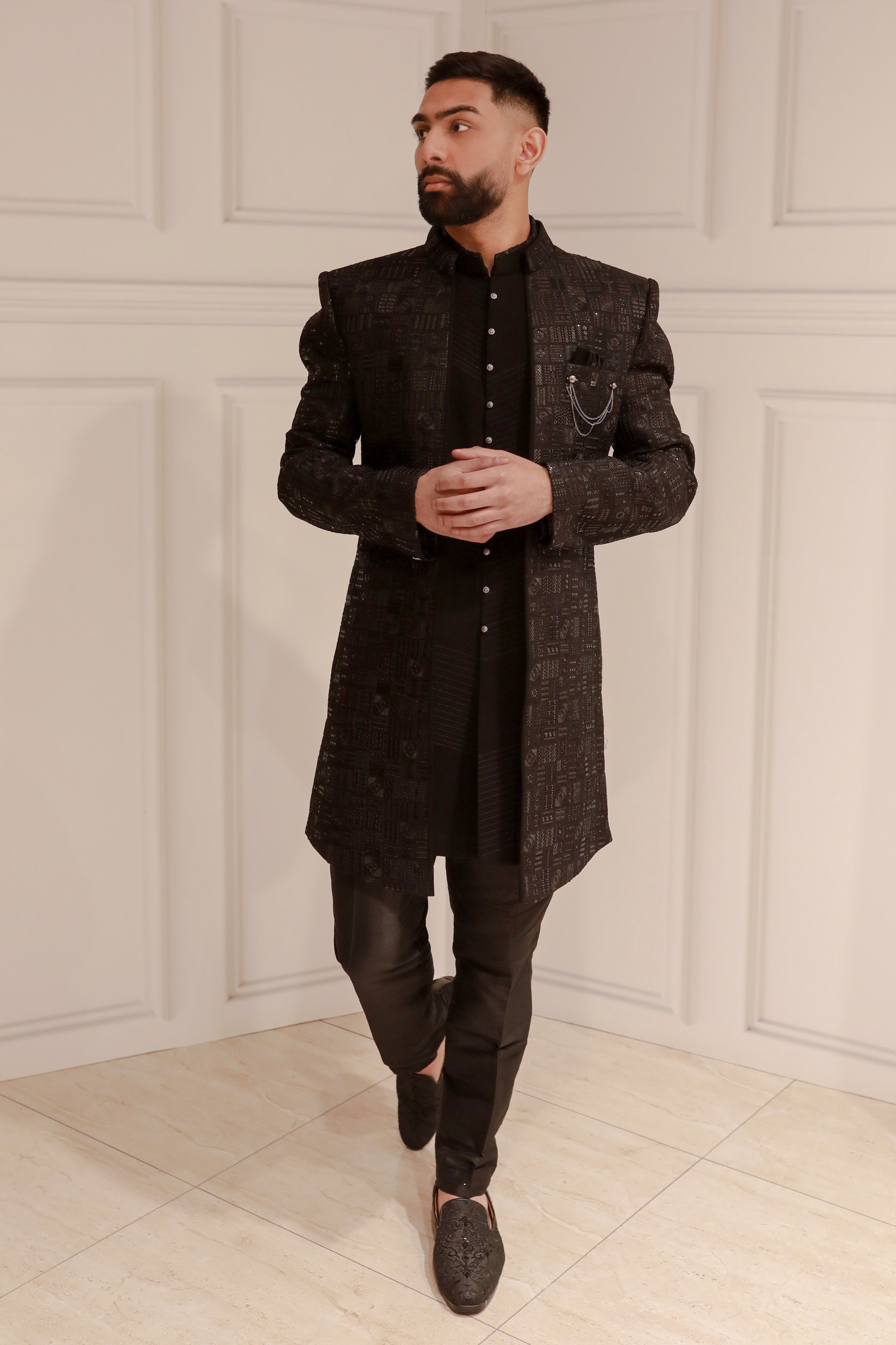 ELEGANT BLACK SHERWANI WITH KURTA AND TROUSER