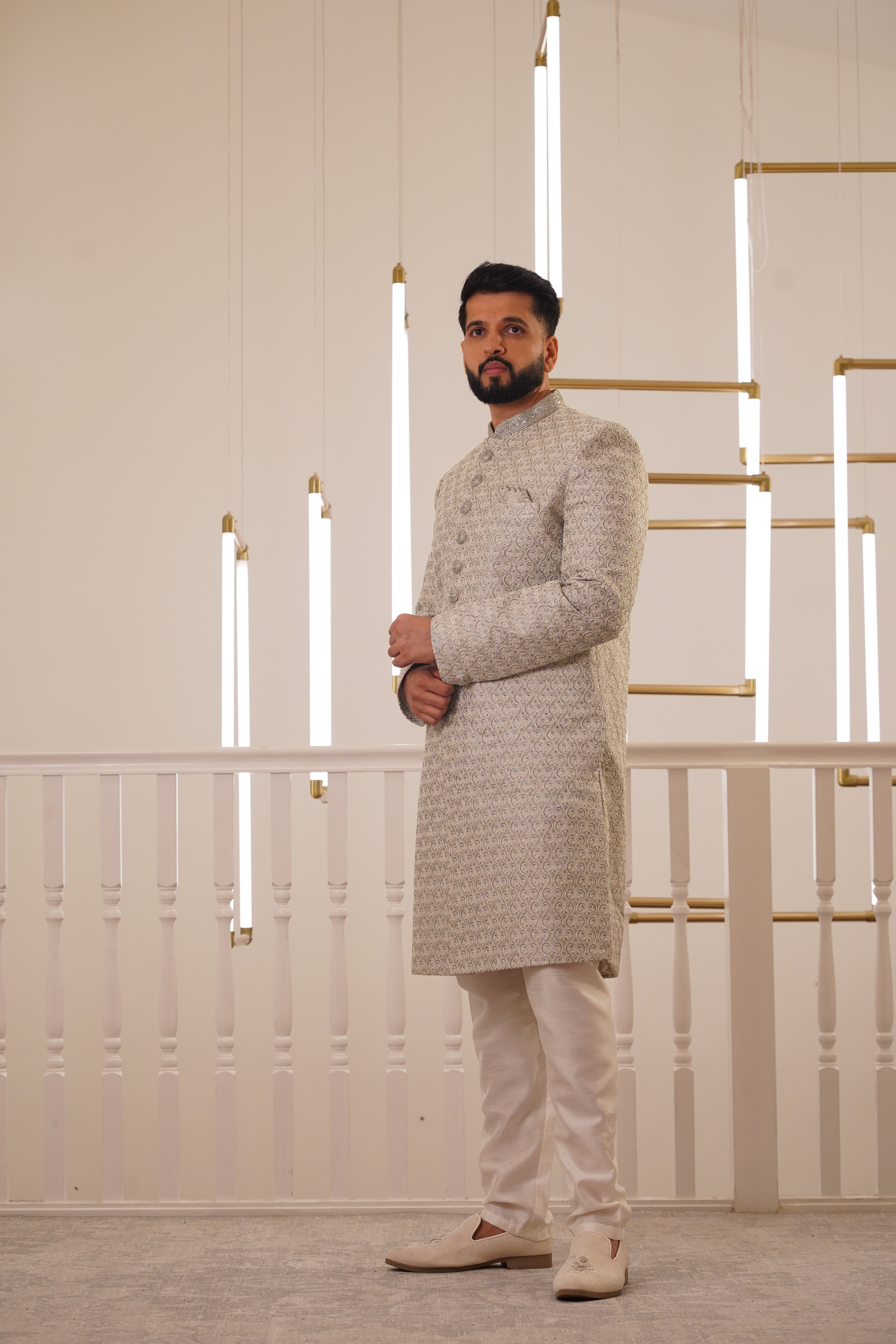 LIGHT GREY EMBROIDERY SHERWANI