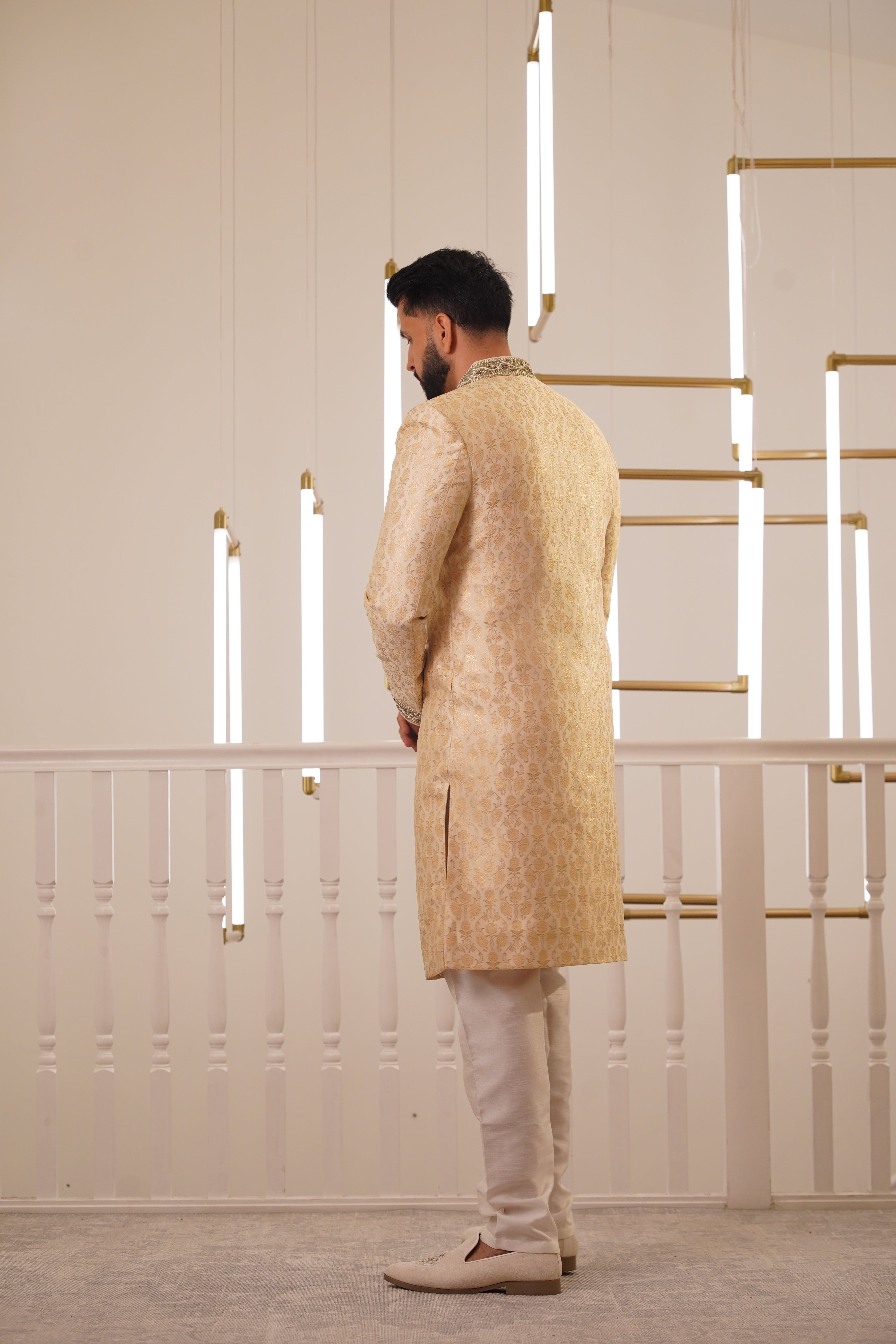 LIGHT GOLD SHERWANI WITH EMBROIDERY COLLAR