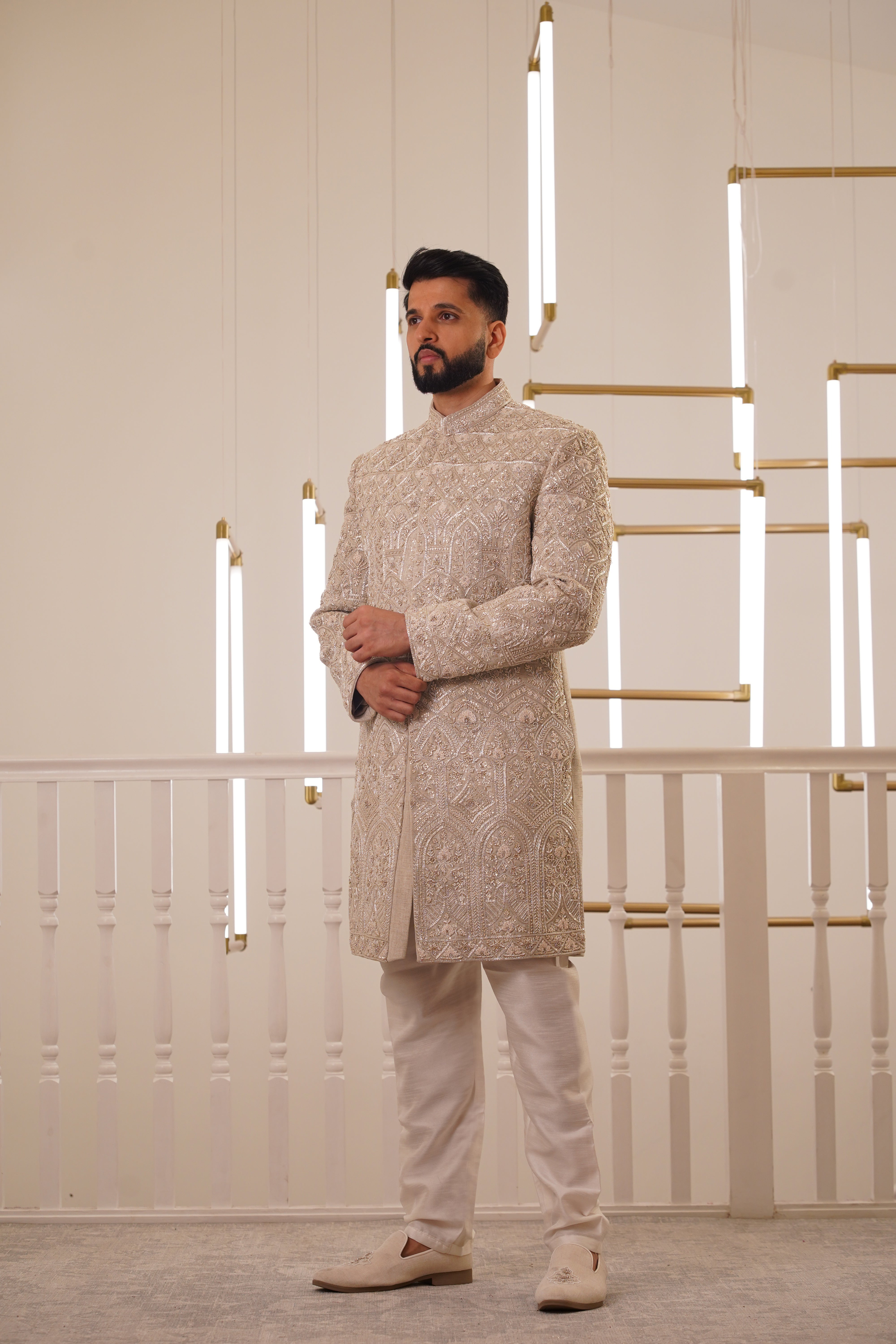 LIGHT GOLD EMBROIDERY SHERWANI WITH TROUSER
