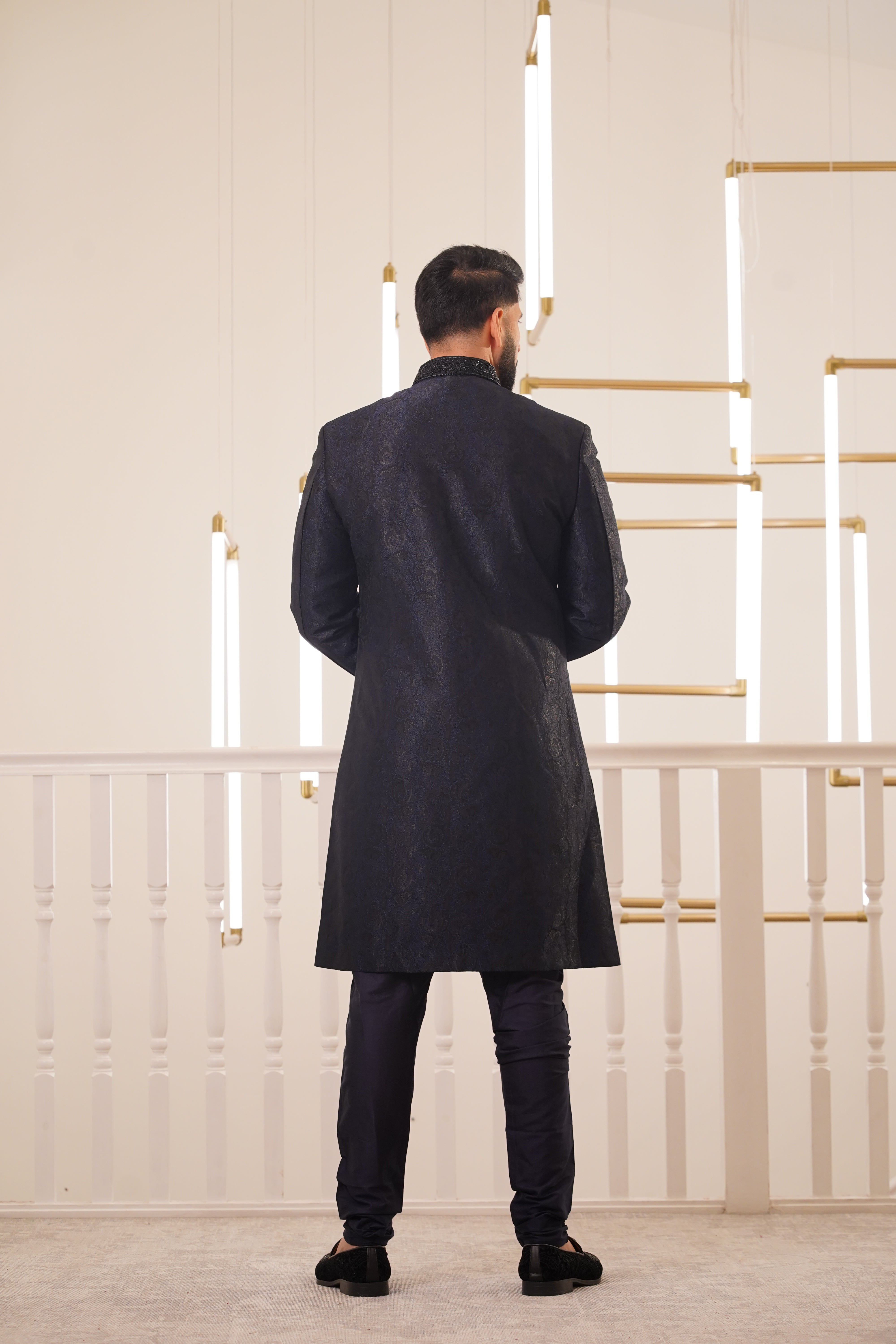 NAVY BLUE SHERWANI WITH EMBROIDERY COLLAR & BUTTON