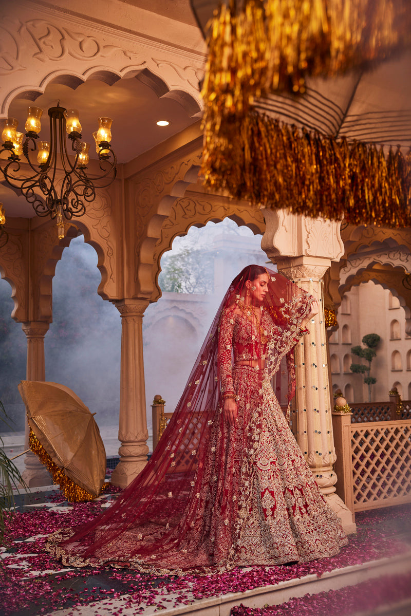 ELEGANT RED EMBROIDERY LEHENGA WITH FULL SLEEVES EMBROIDERY TOP AND DUPATTA