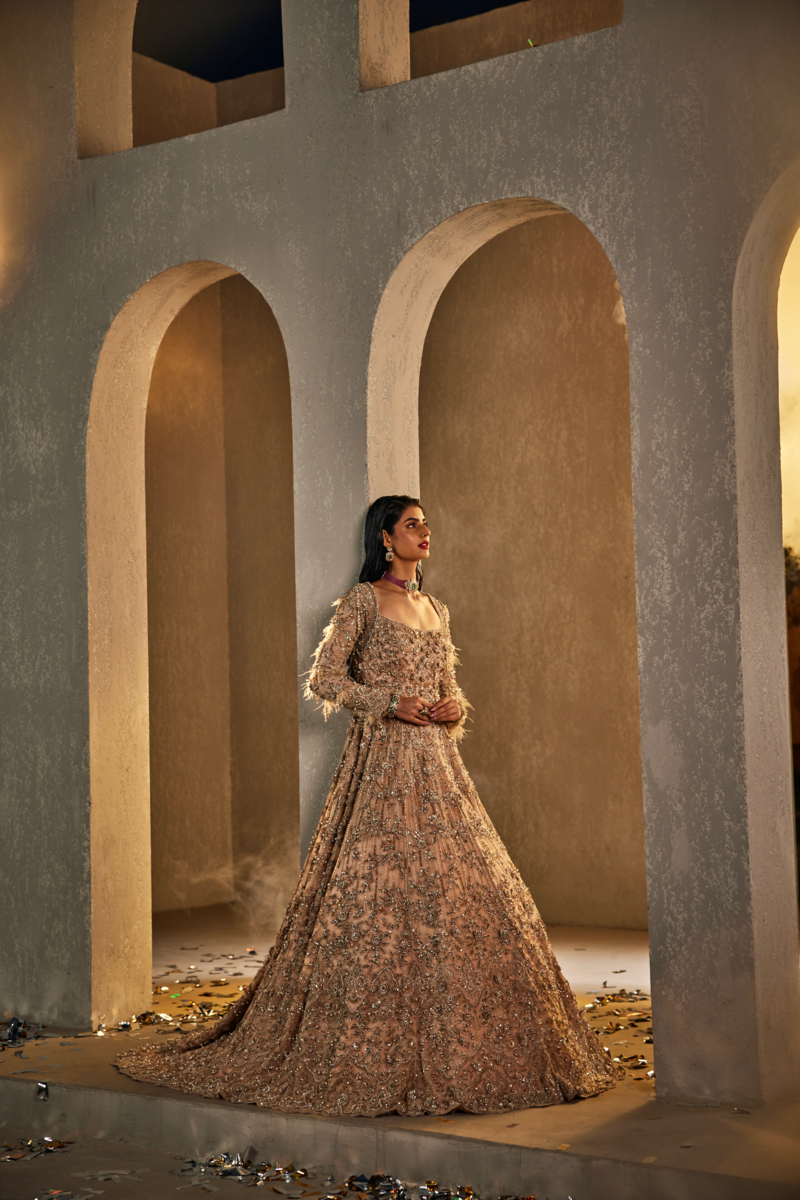 3D FLOWERS CHAMPANGE GOWN WITH EMBROIDERY SCARF