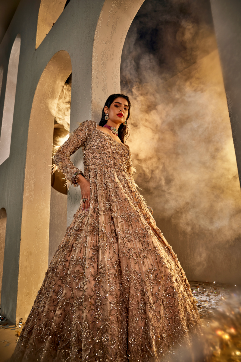 3D FLOWERS CHAMPANGE GOWN WITH EMBROIDERY SCARF