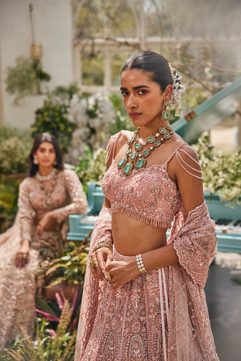 PINK EMBROIDERY LEHENGA WITH ELEGANT SCARF AND TOP