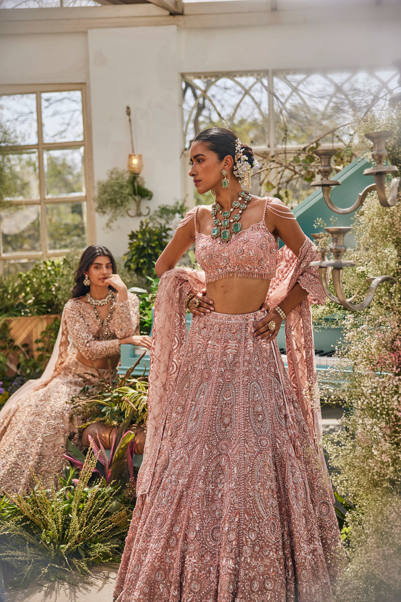 PINK EMBROIDERY LEHENGA WITH ELEGANT SCARF AND TOP