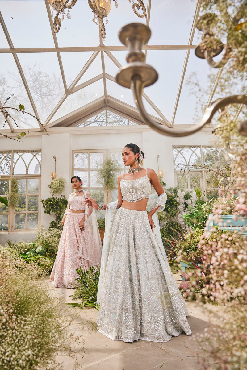 ICE BLUE EMBROIDERY LEHENGA WITH ELEGANT TOP AND SCARF