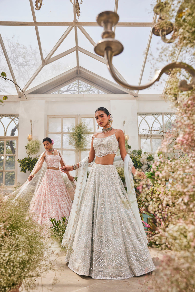 ICE BLUE EMBROIDERY LEHENGA WITH ELEGANT TOP AND SCARF
