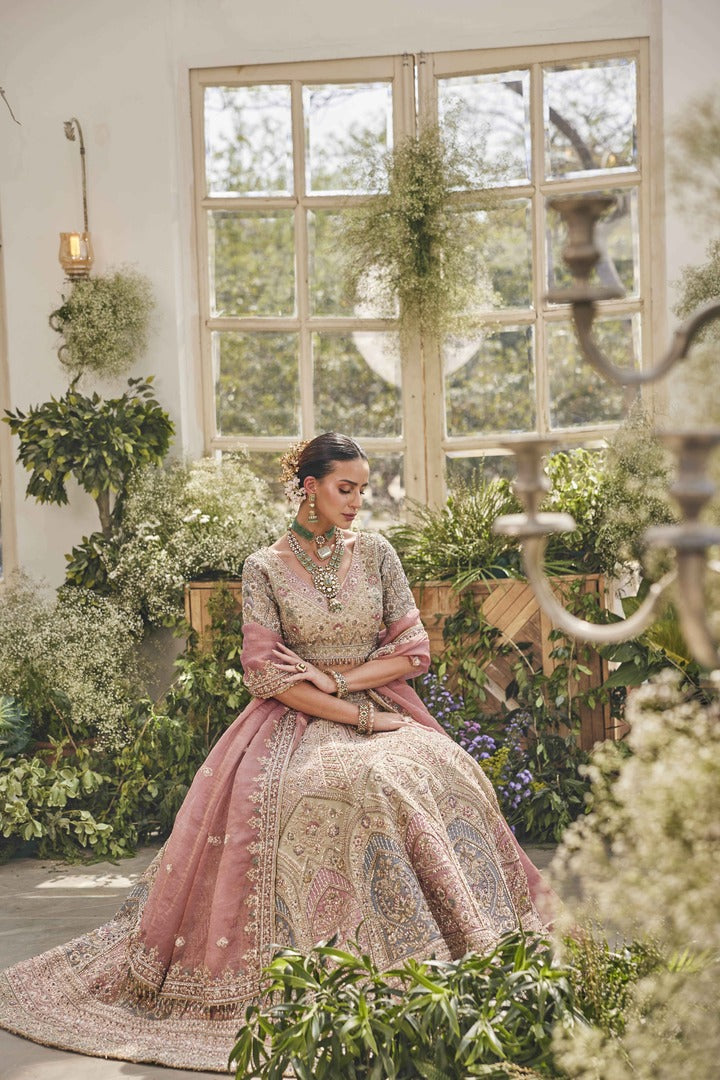 Elegant Blush Pink Lehenga wth Sage Green Top and Embroidery Net Dupatta