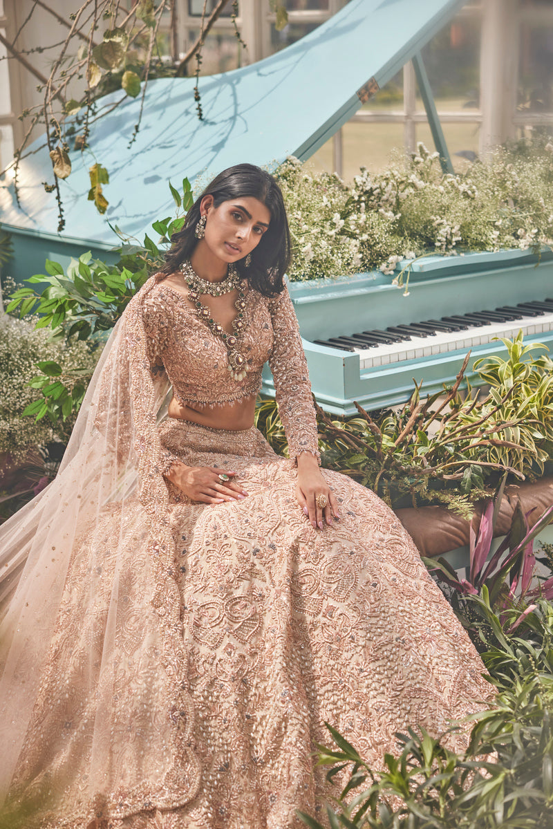ELEGANT LIGHT GOLD LEHENGA WITH STYLISH FULL SLEEVES TOP AND VEIL