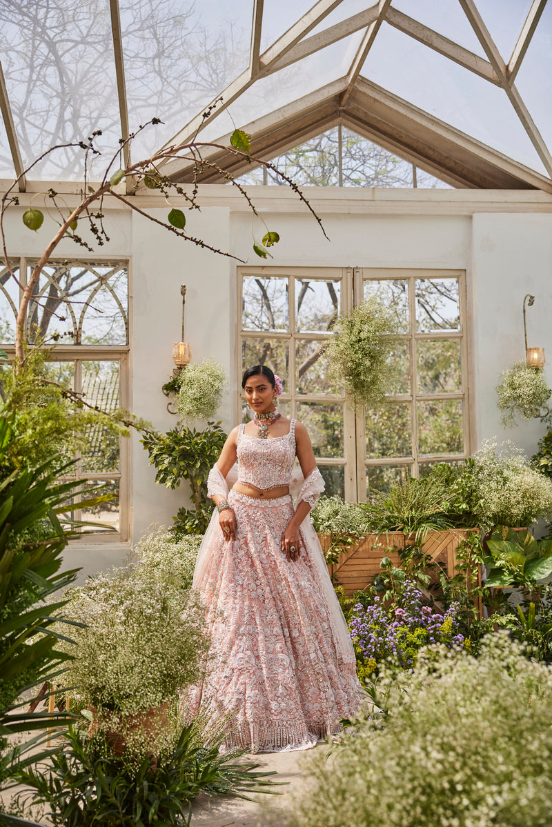 ELEGANT BABY PINK LEHENGA WITH STYLISH EMBROIDERY TOP AND DUPATTA