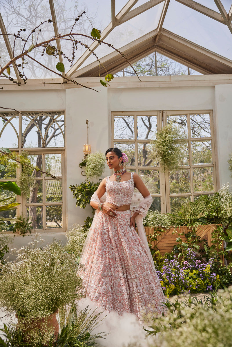 ELEGANT BABY PINK LEHENGA WITH STYLISH EMBROIDERY TOP AND DUPATTA